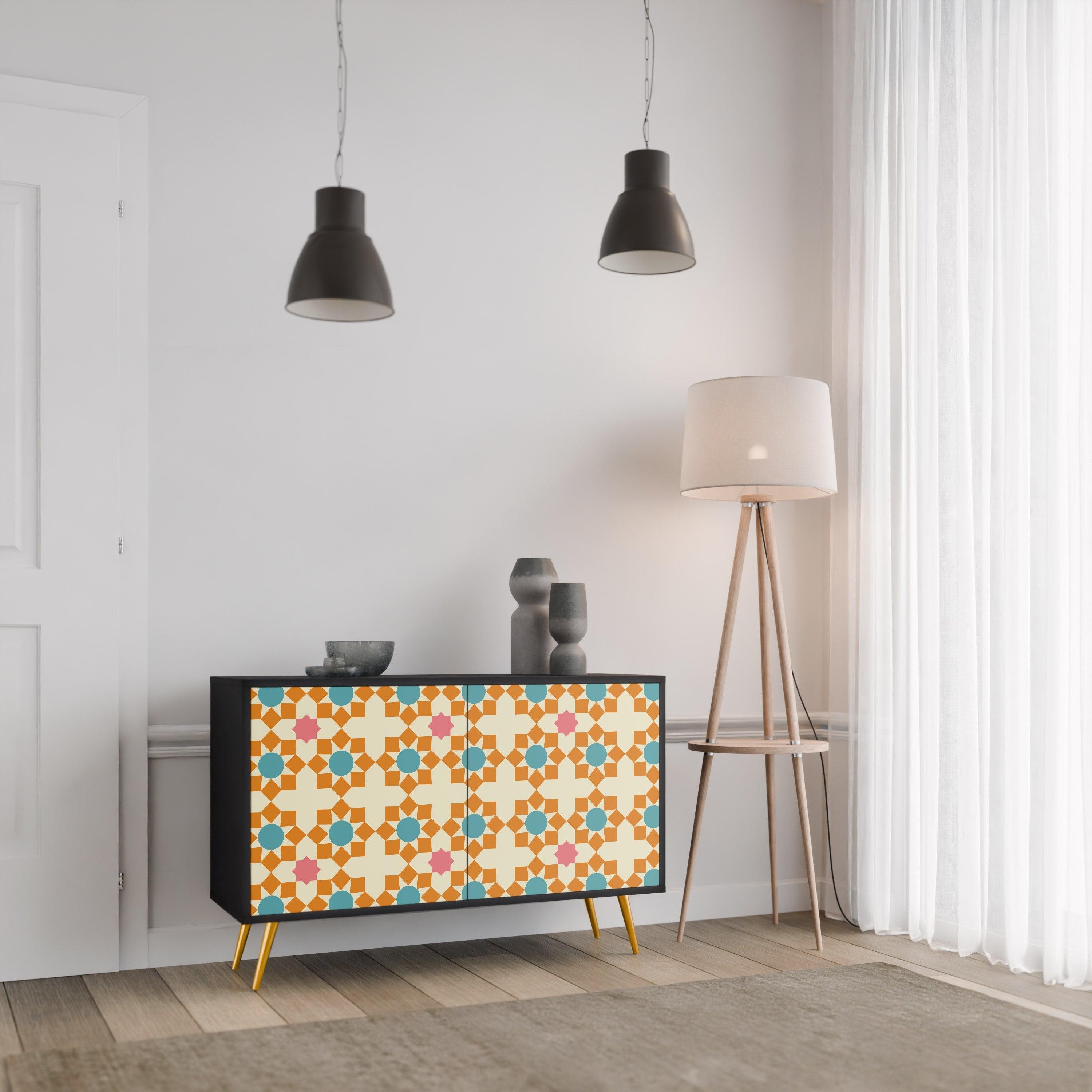 Buffet 2 portes à décor floral, finition noire