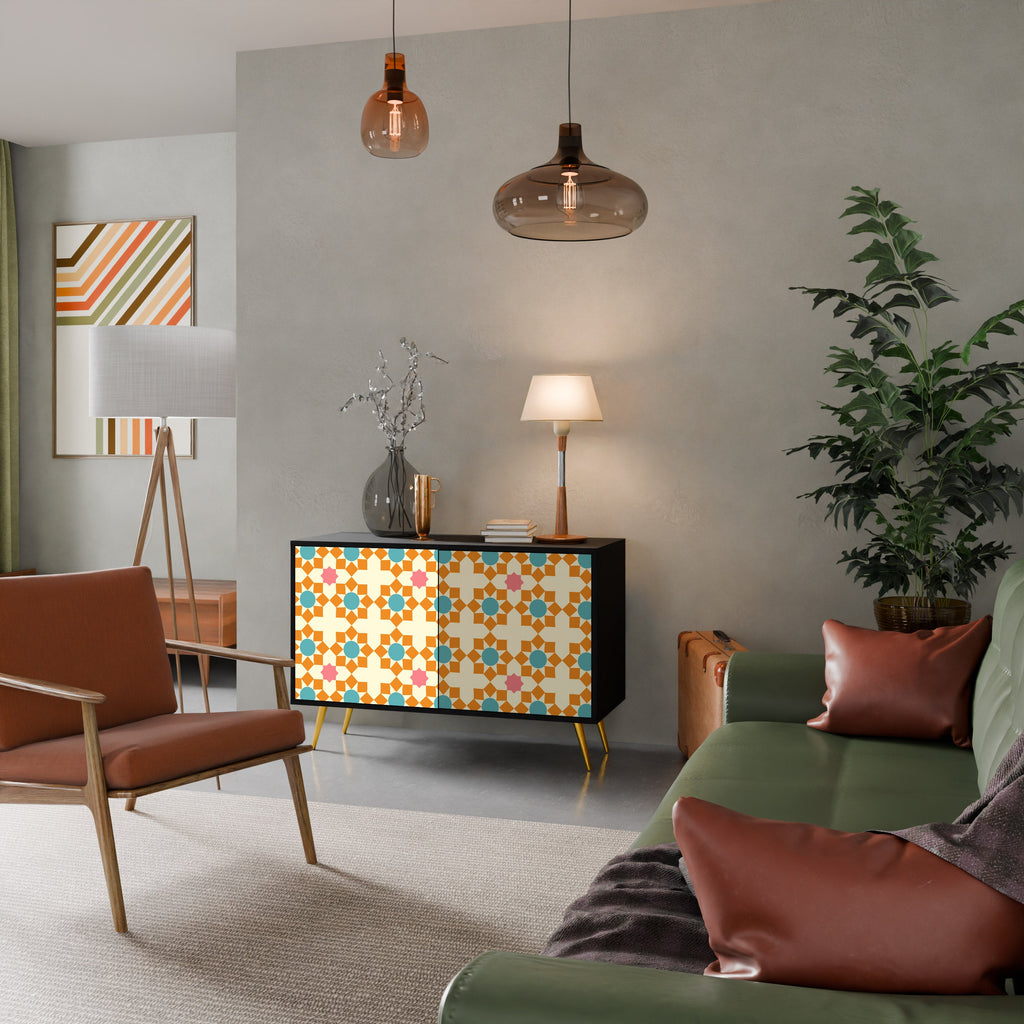 Buffet 2 portes à décor floral, finition noire