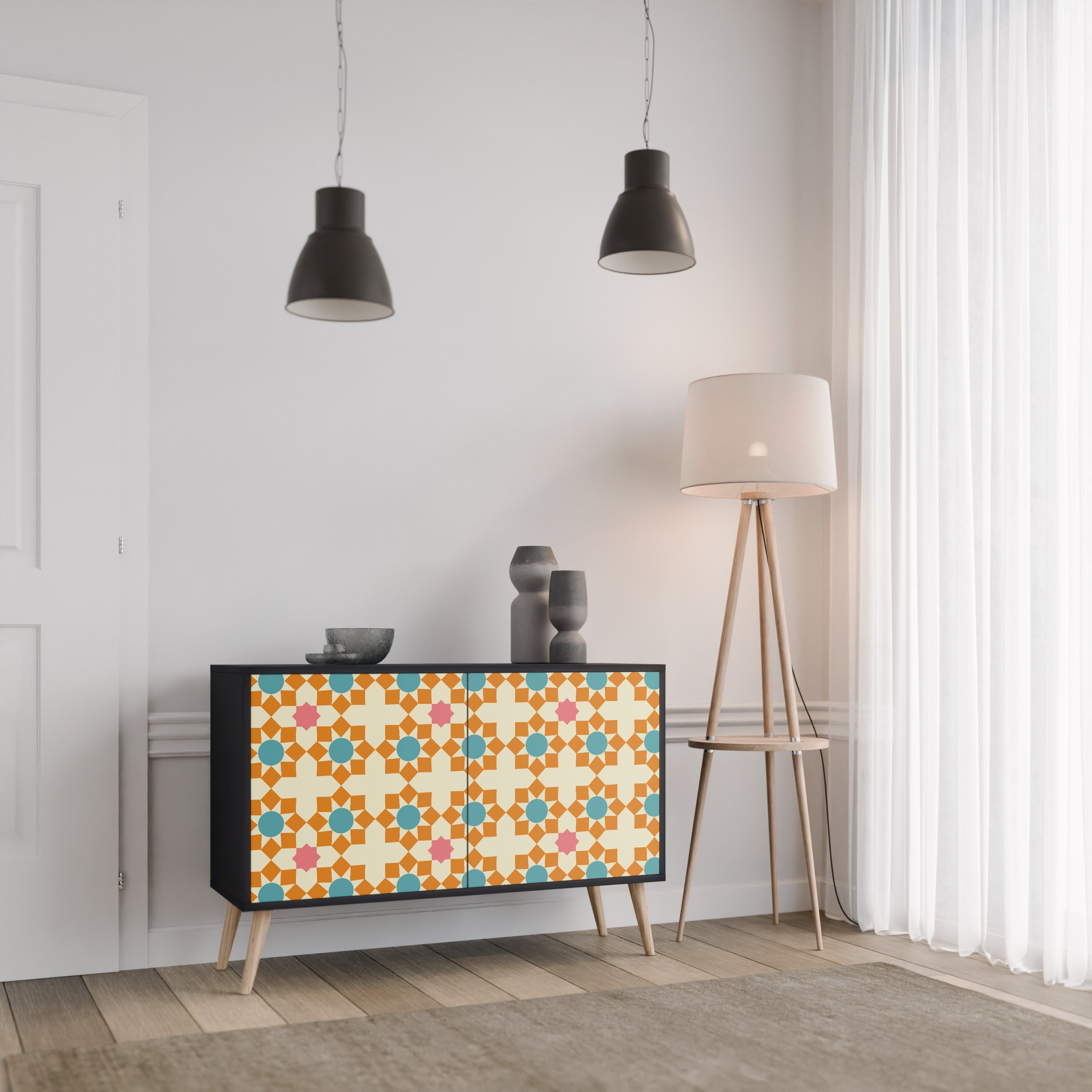 Buffet 2 portes à décor floral, finition noire