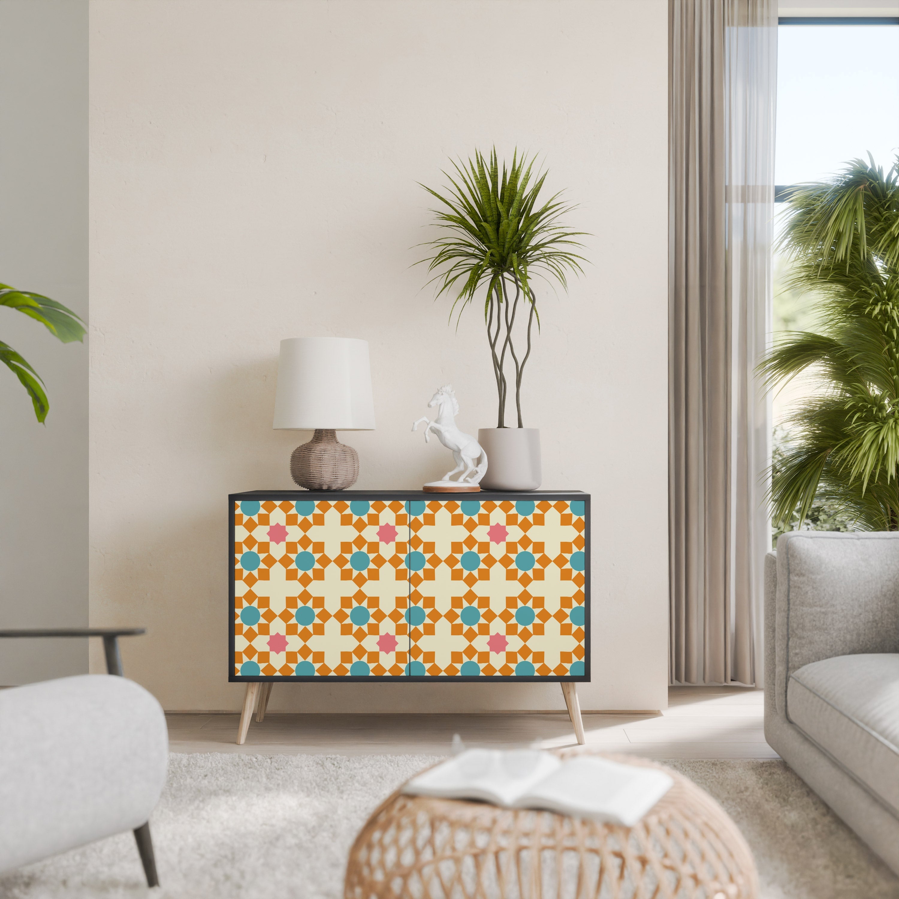 Buffet 2 portes à décor floral, finition noire