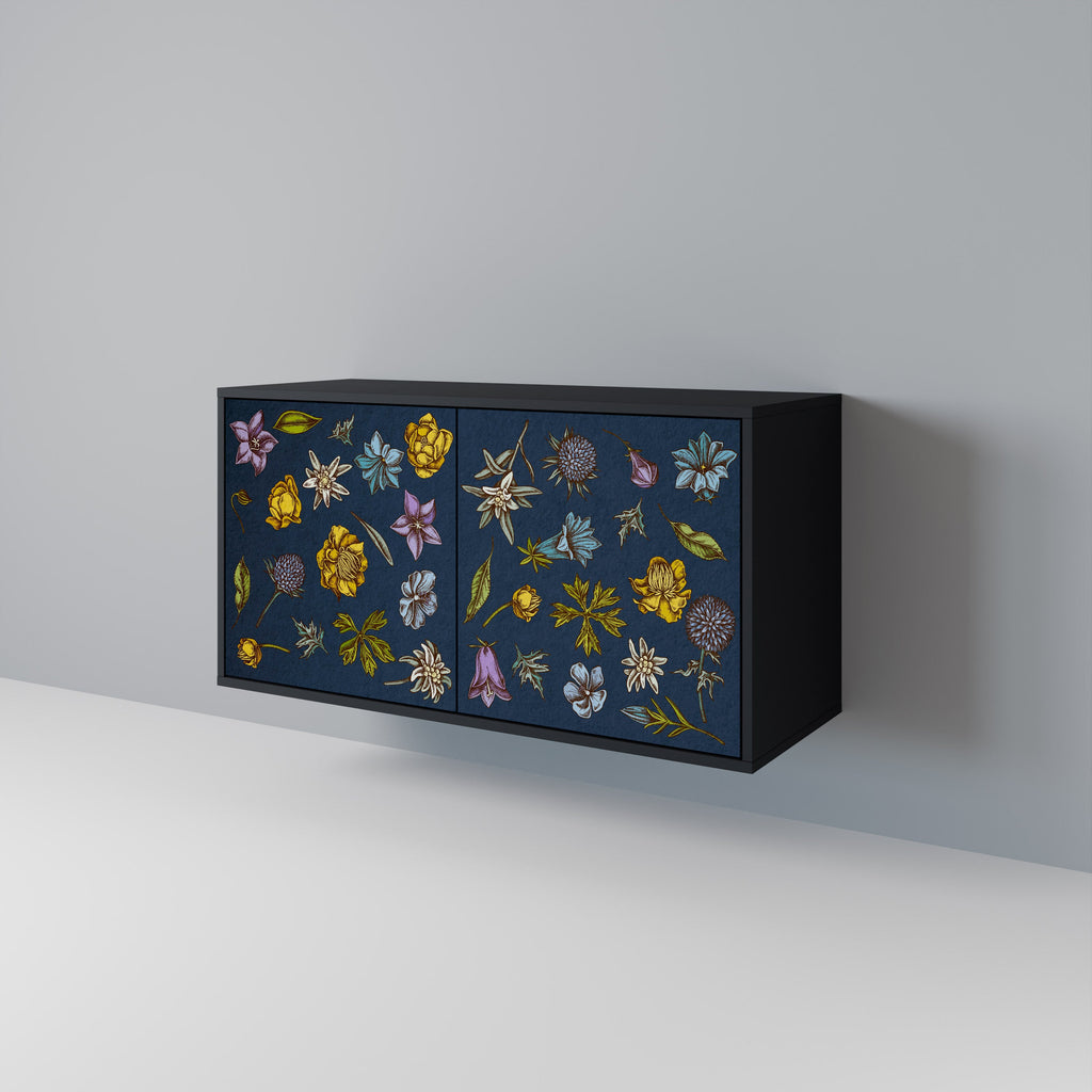 Buffet 2 portes FLEURS SUR BLEU MARINE finition noire