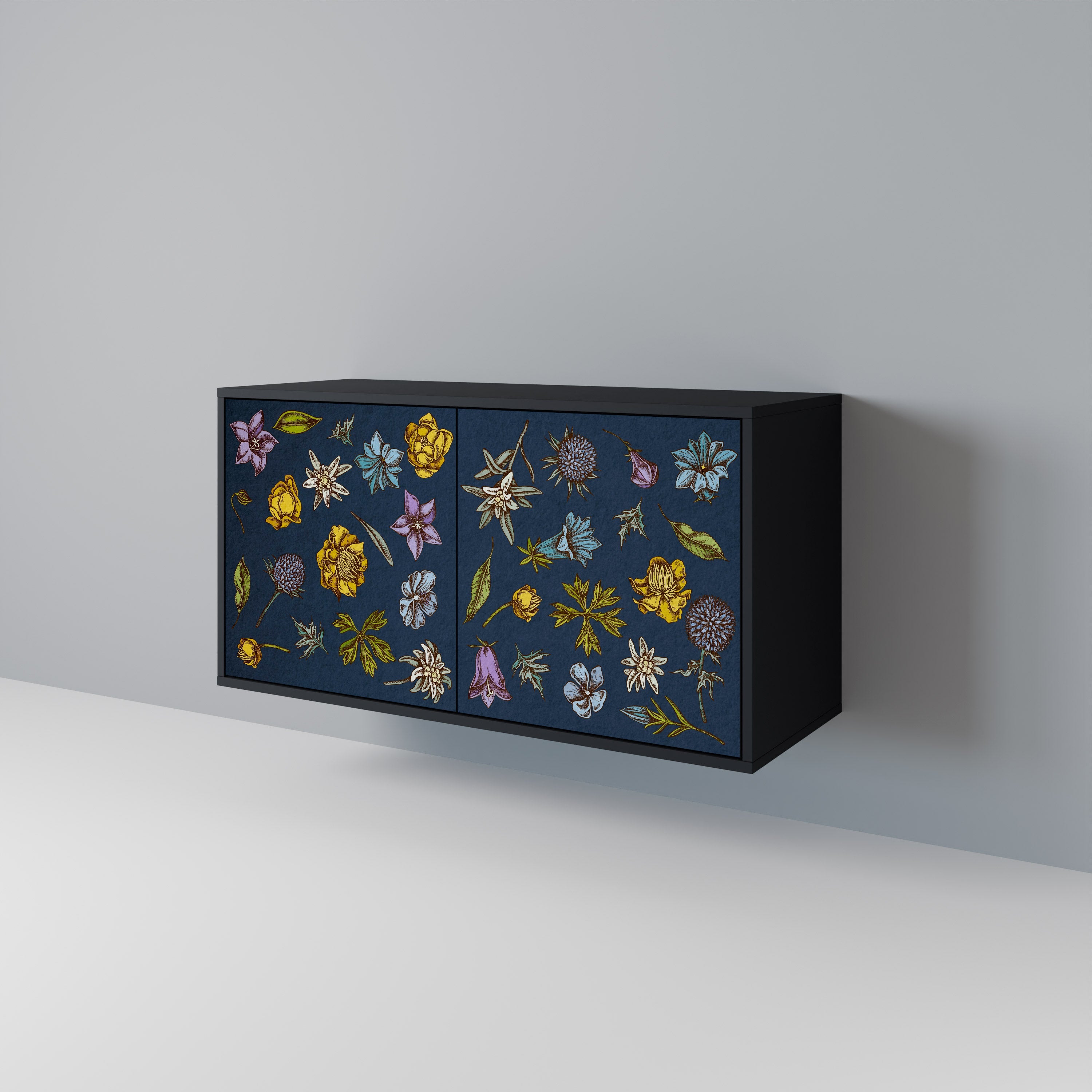 Buffet 2 portes FLEURS SUR BLEU MARINE finition noire