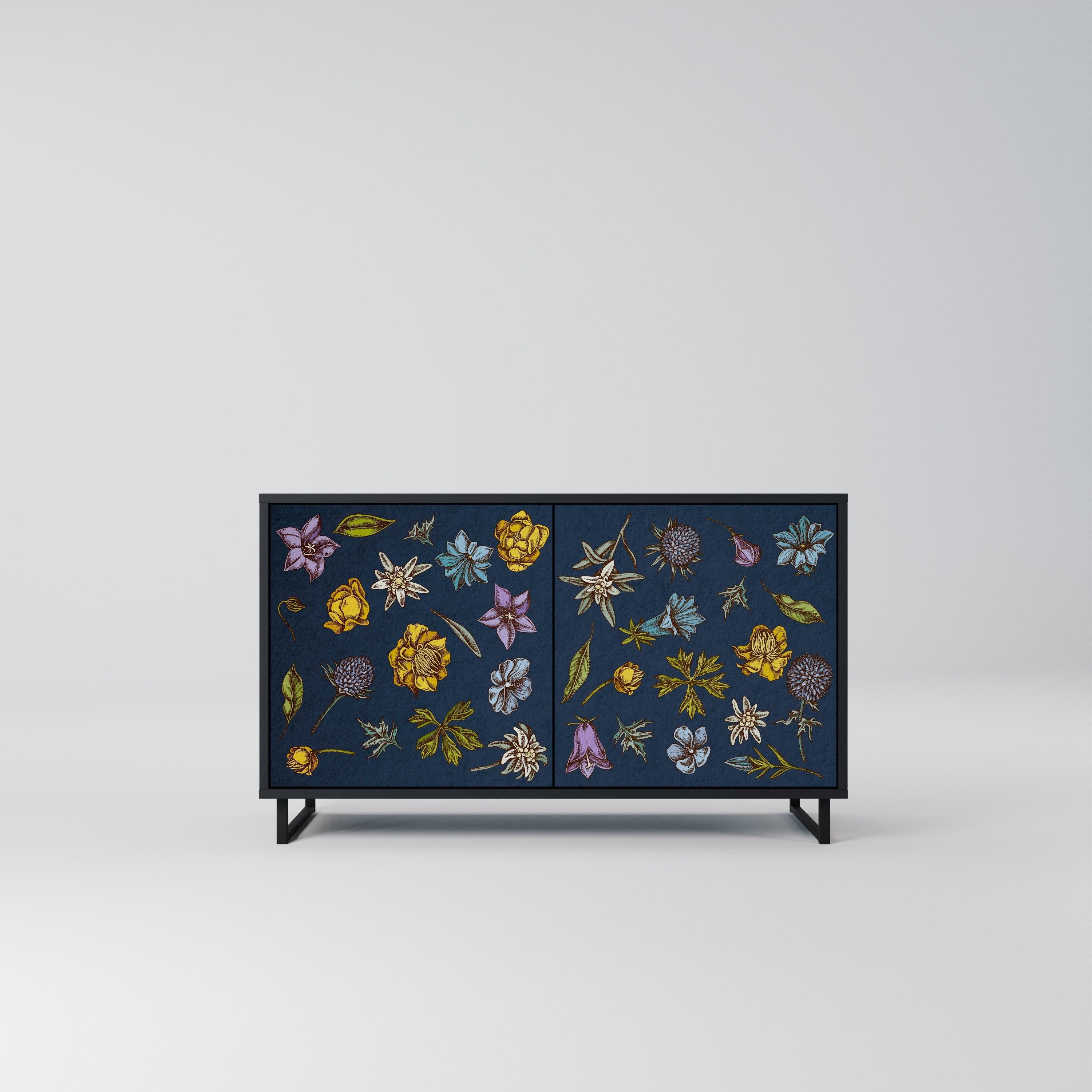 Buffet 2 portes FLEURS SUR BLEU MARINE finition noire