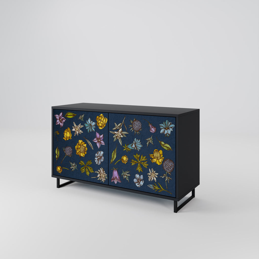 Buffet 2 portes FLEURS SUR BLEU MARINE finition noire