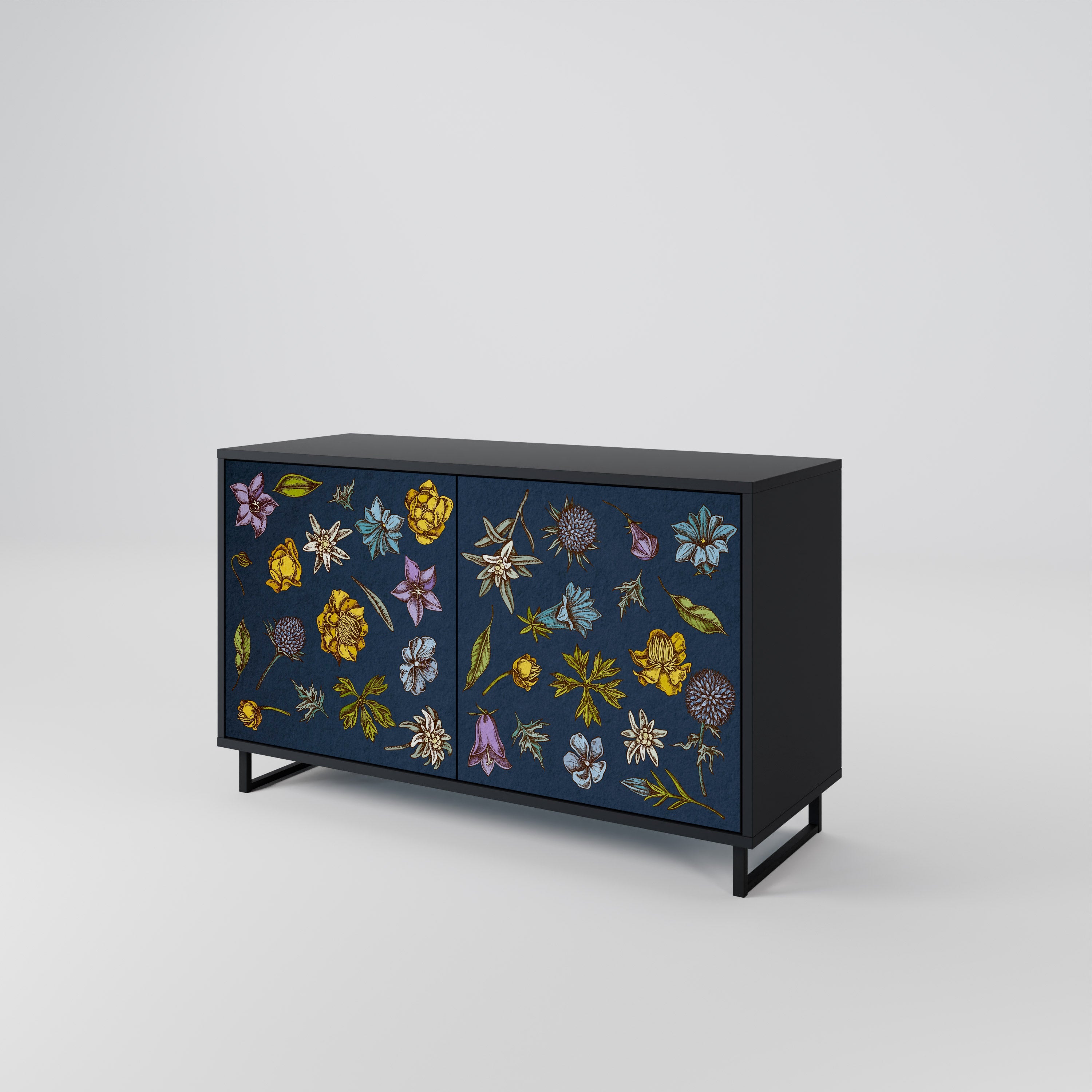 Buffet 2 portes FLEURS SUR BLEU MARINE finition noire
