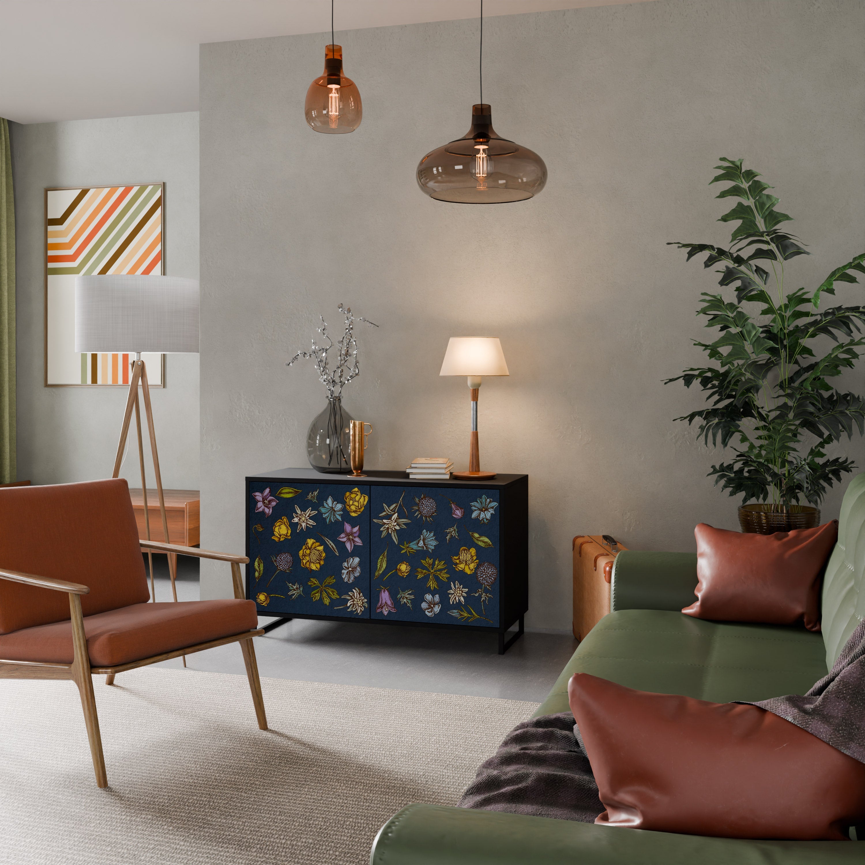 Buffet 2 portes FLEURS SUR BLEU MARINE finition noire