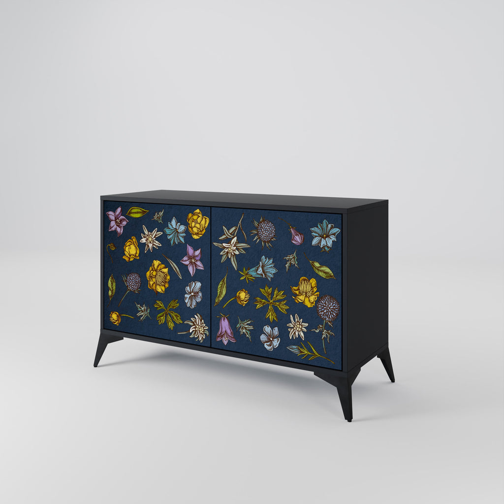 Buffet 2 portes FLEURS SUR BLEU MARINE finition noire