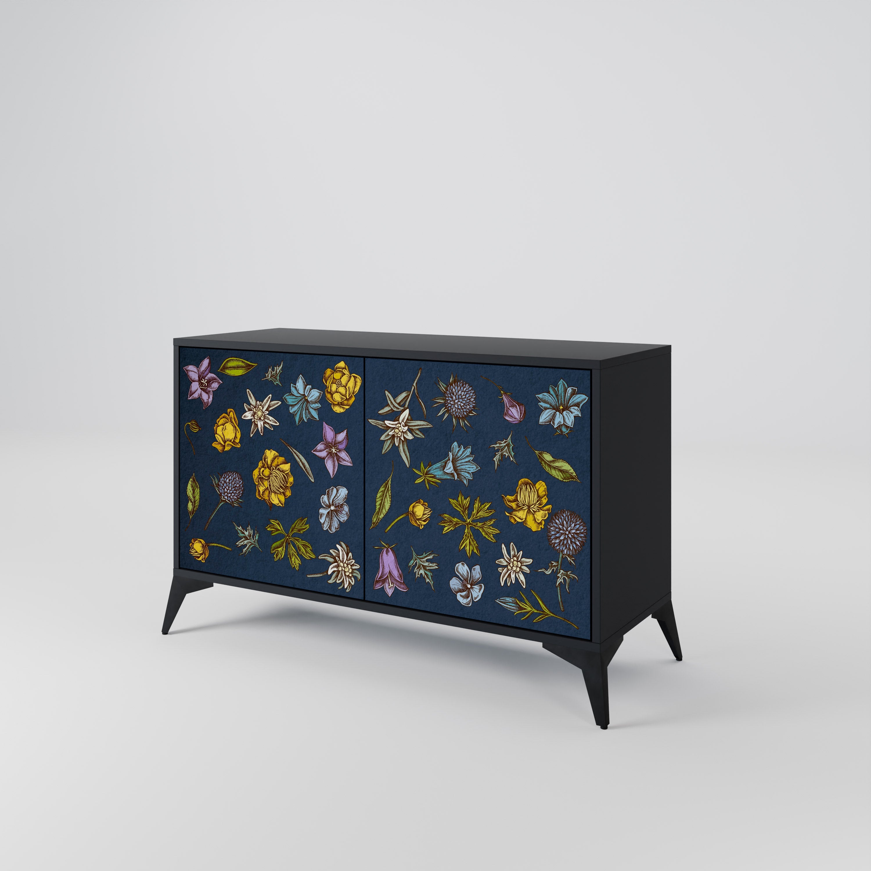 Buffet 2 portes FLEURS SUR BLEU MARINE finition noire
