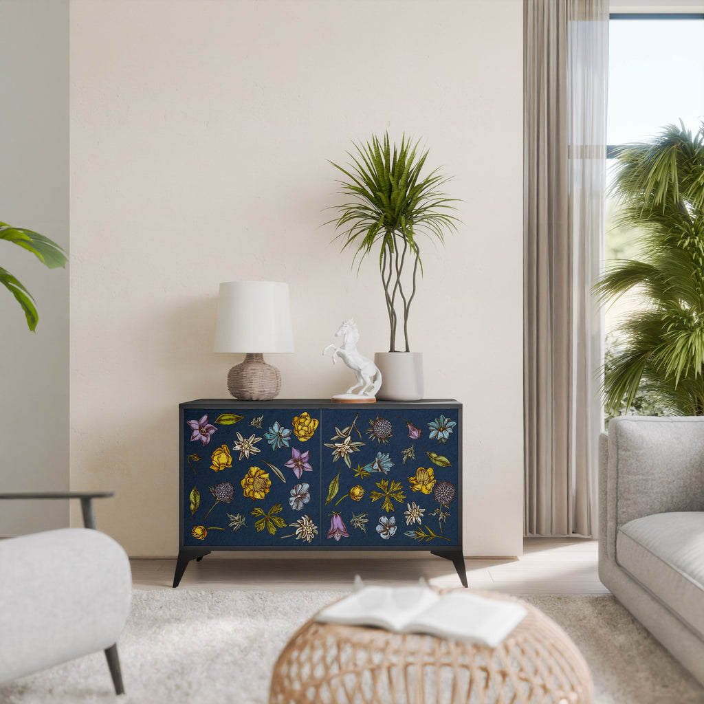 Buffet 2 portes FLEURS SUR BLEU MARINE finition noire