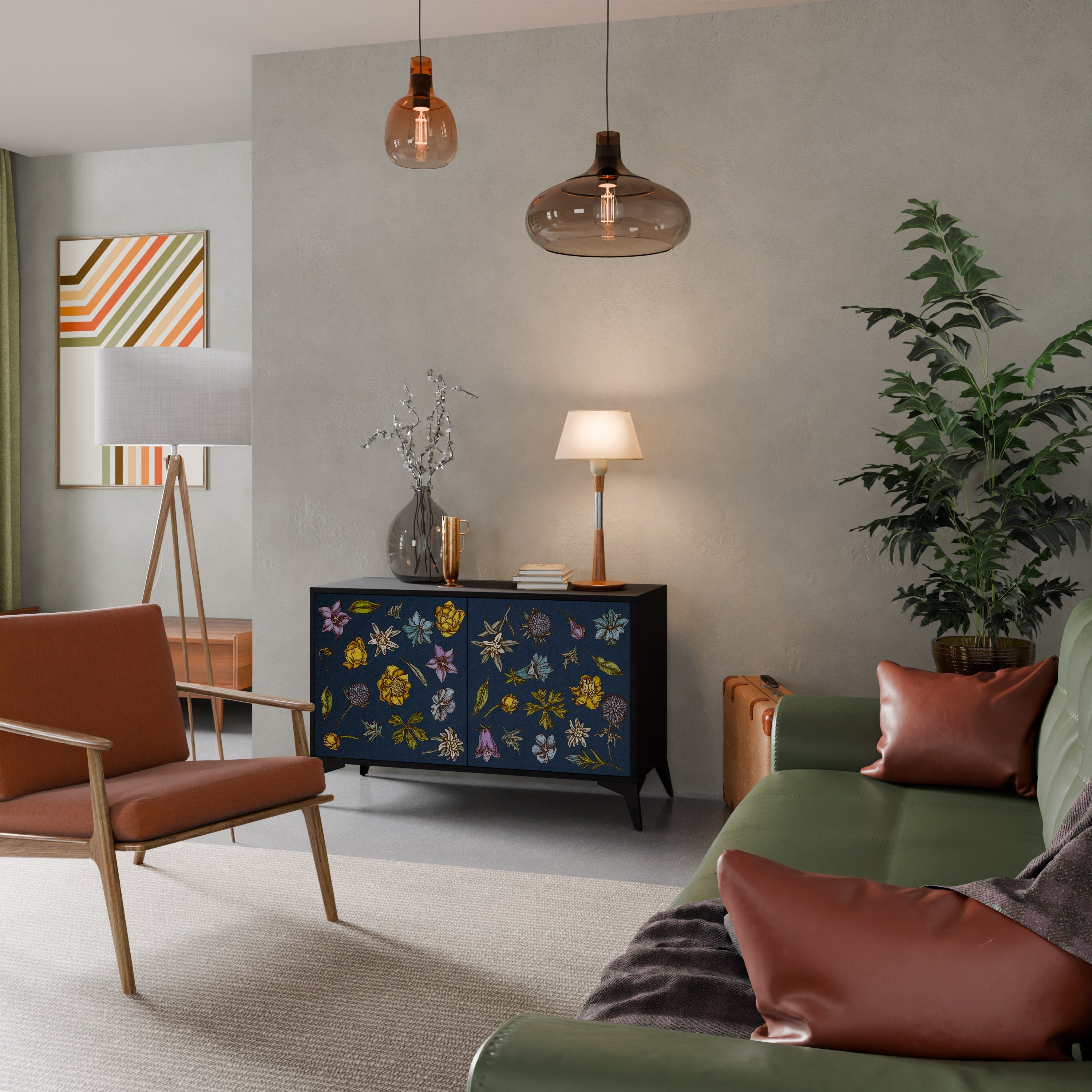 Buffet 2 portes FLEURS SUR BLEU MARINE finition noire