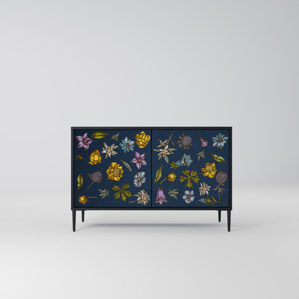 Buffet 2 portes FLEURS SUR BLEU MARINE finition noire