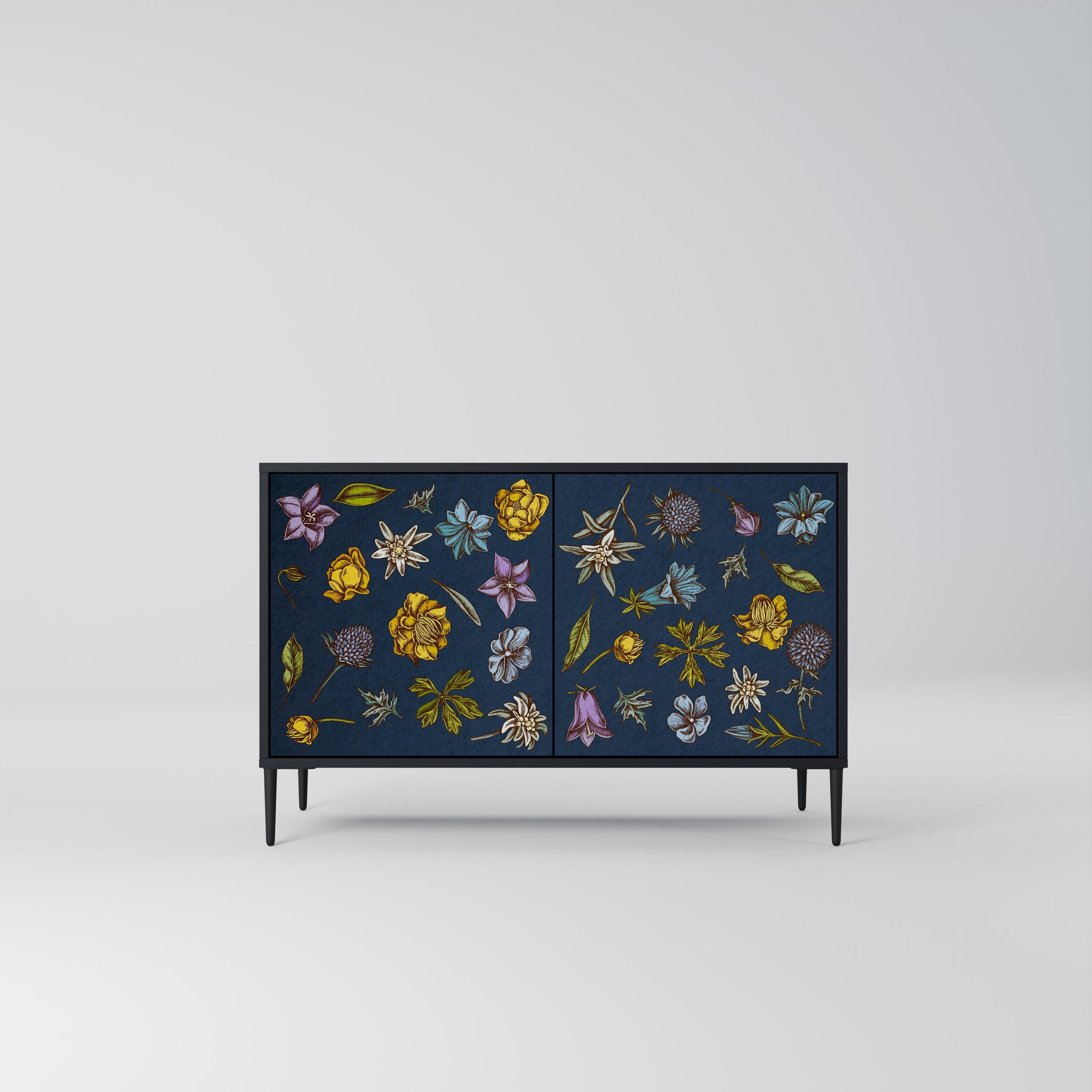 Buffet 2 portes FLEURS SUR BLEU MARINE finition noire