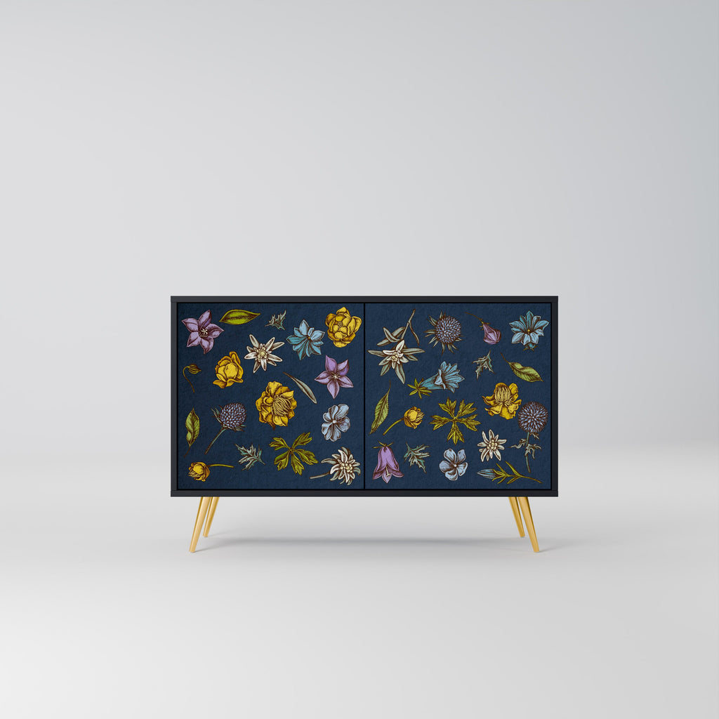 Buffet 2 portes FLEURS SUR BLEU MARINE finition noire