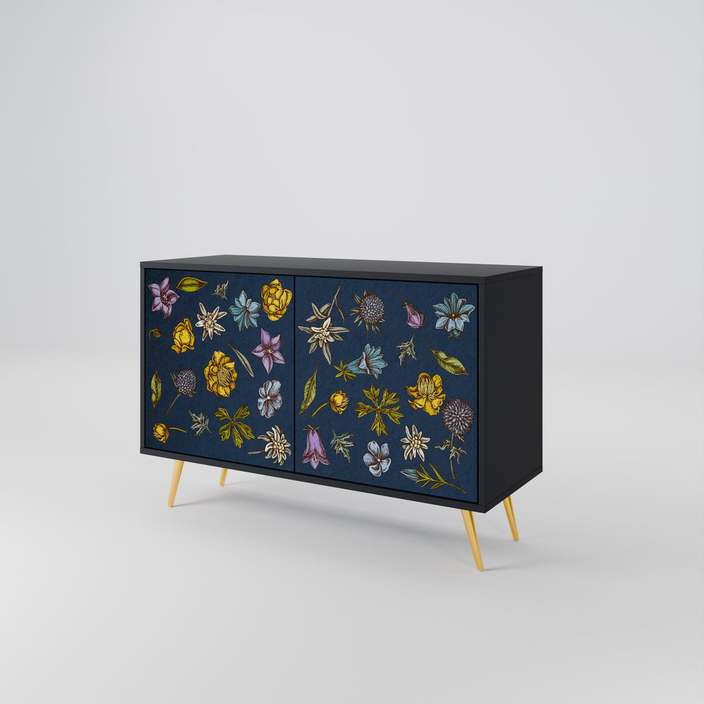 Buffet 2 portes FLEURS SUR BLEU MARINE finition noire