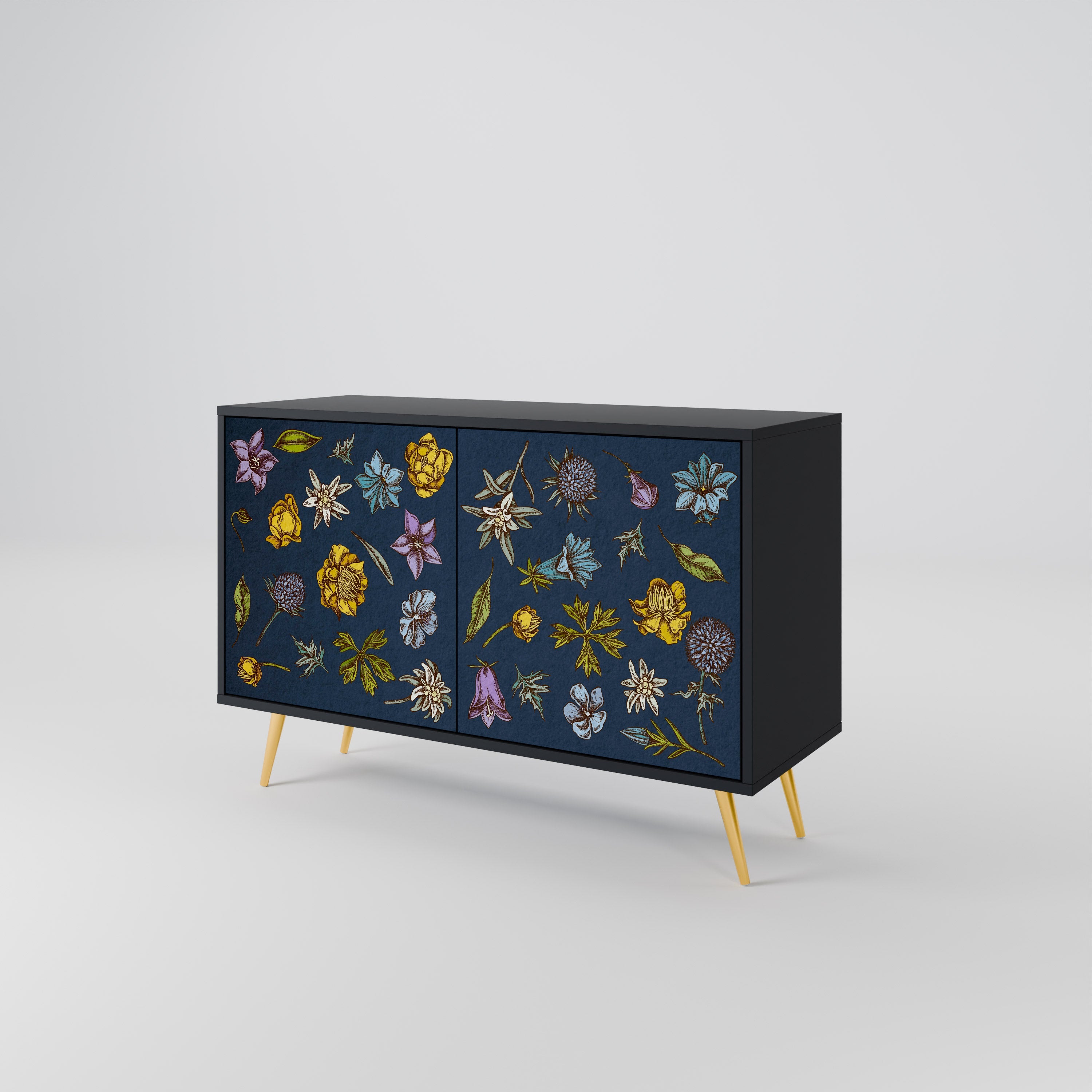 Buffet 2 portes FLEURS SUR BLEU MARINE finition noire