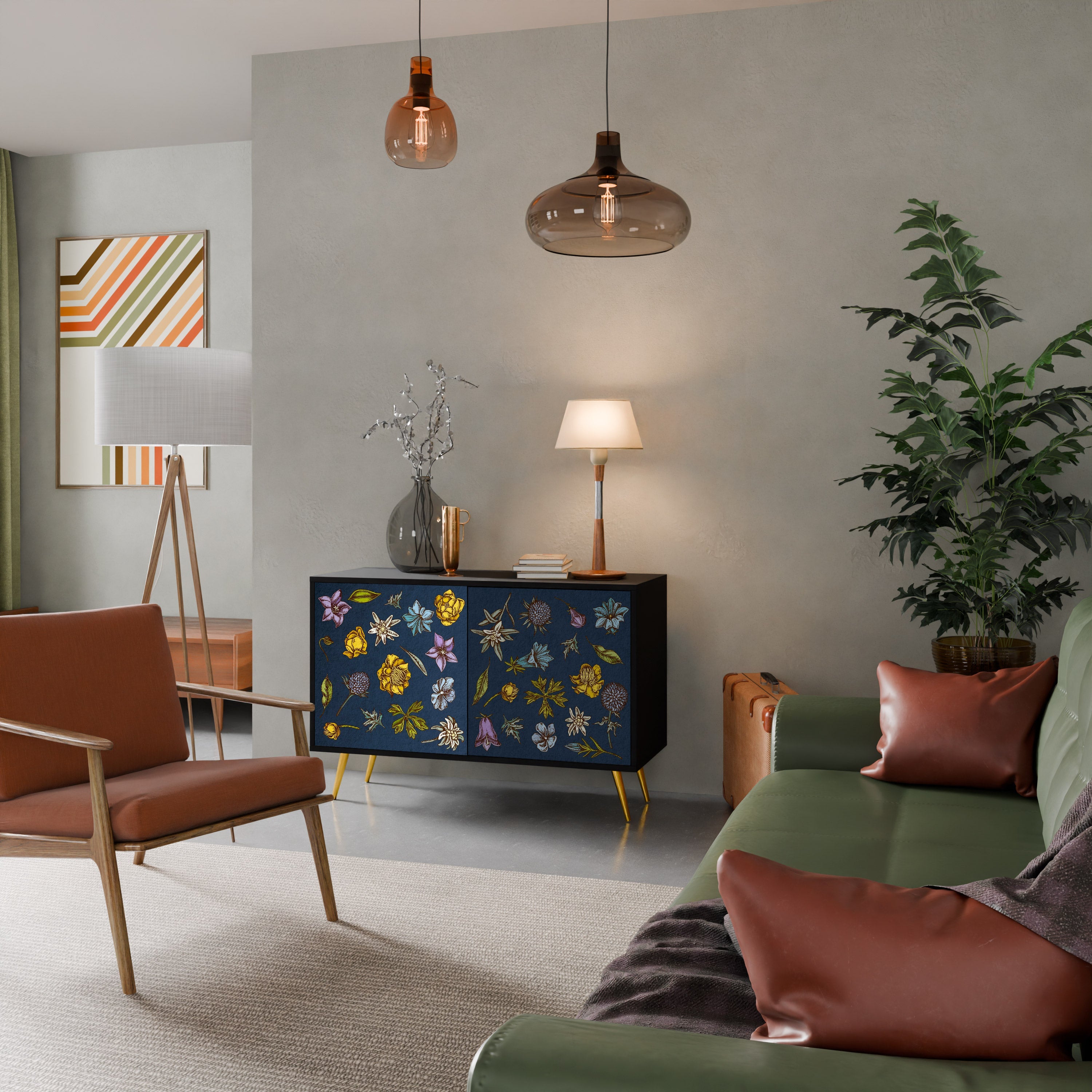 Buffet 2 portes FLEURS SUR BLEU MARINE finition noire