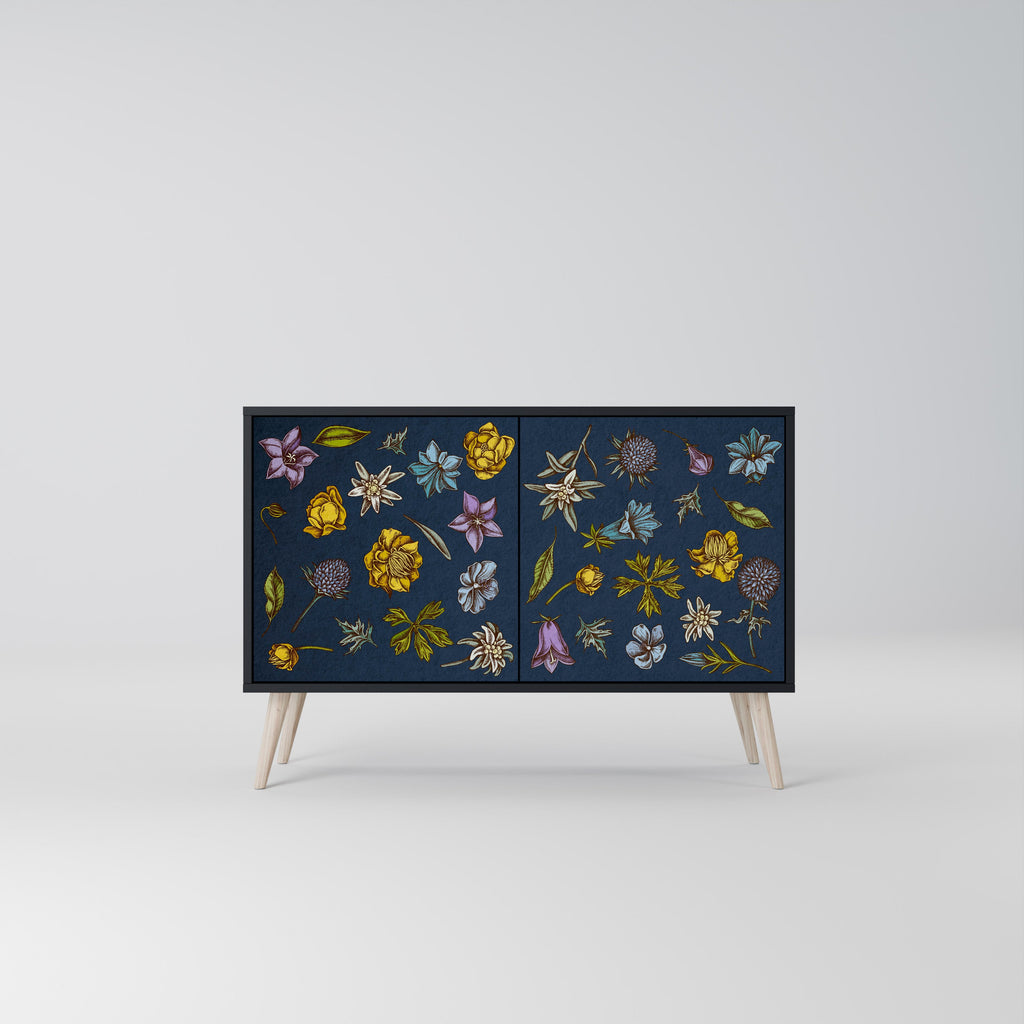 Buffet 2 portes FLEURS SUR BLEU MARINE finition noire