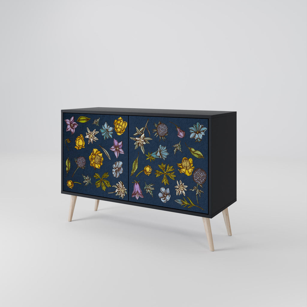 Buffet 2 portes FLEURS SUR BLEU MARINE finition noire
