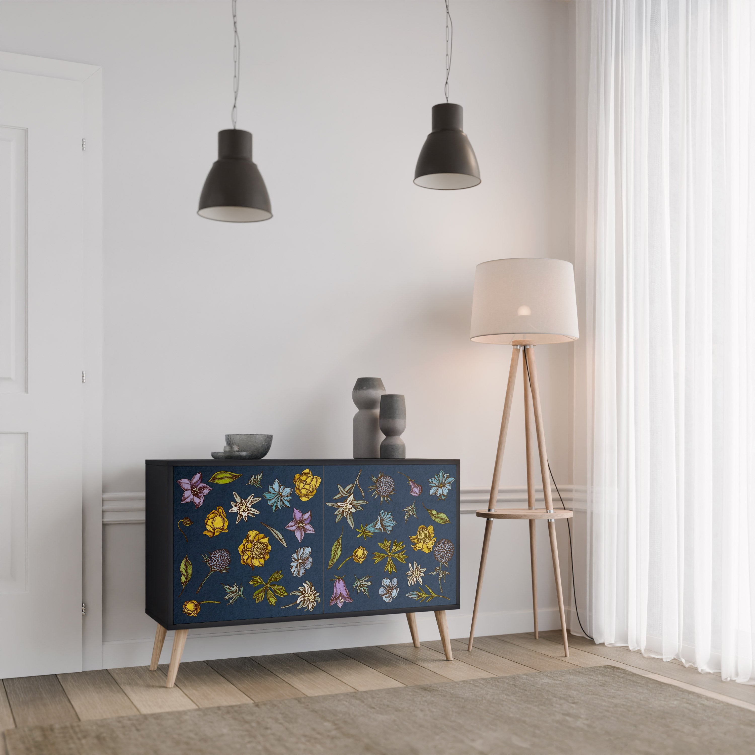 Buffet 2 portes FLEURS SUR BLEU MARINE finition noire