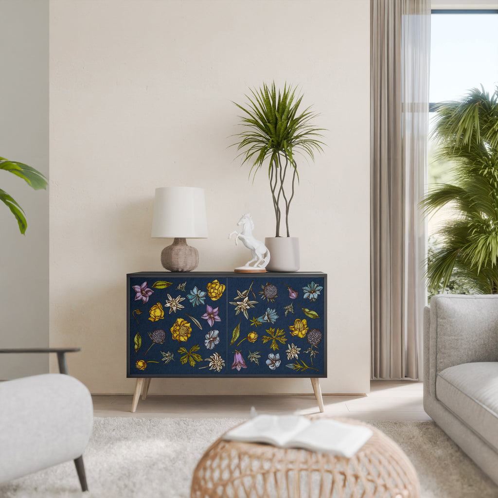 Buffet 2 portes FLEURS SUR BLEU MARINE finition noire