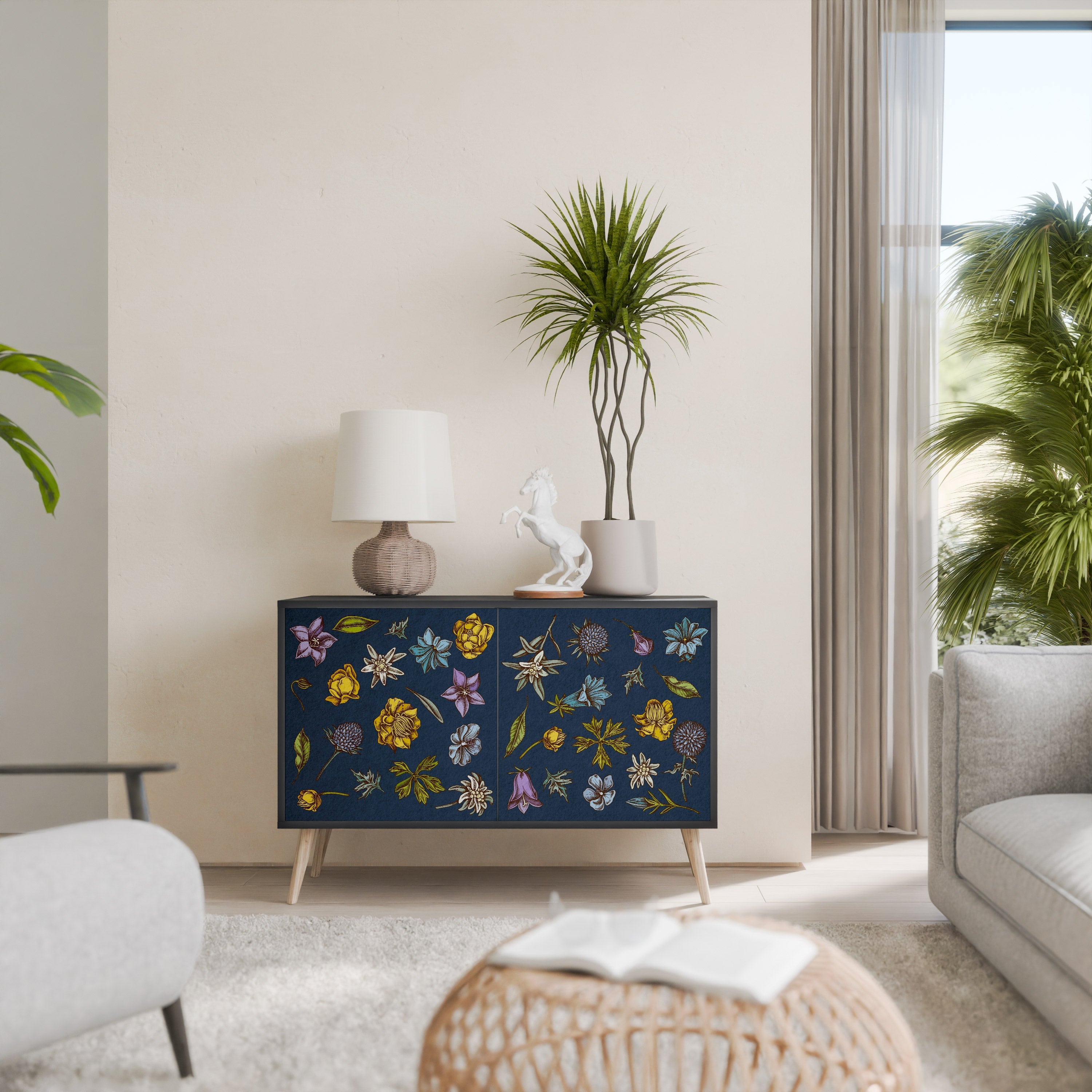 Buffet 2 portes FLEURS SUR BLEU MARINE finition noire