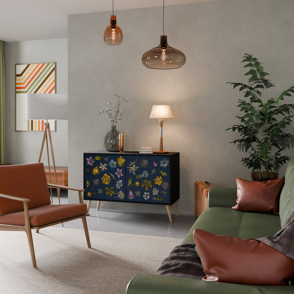 Buffet 2 portes FLEURS SUR BLEU MARINE finition noire