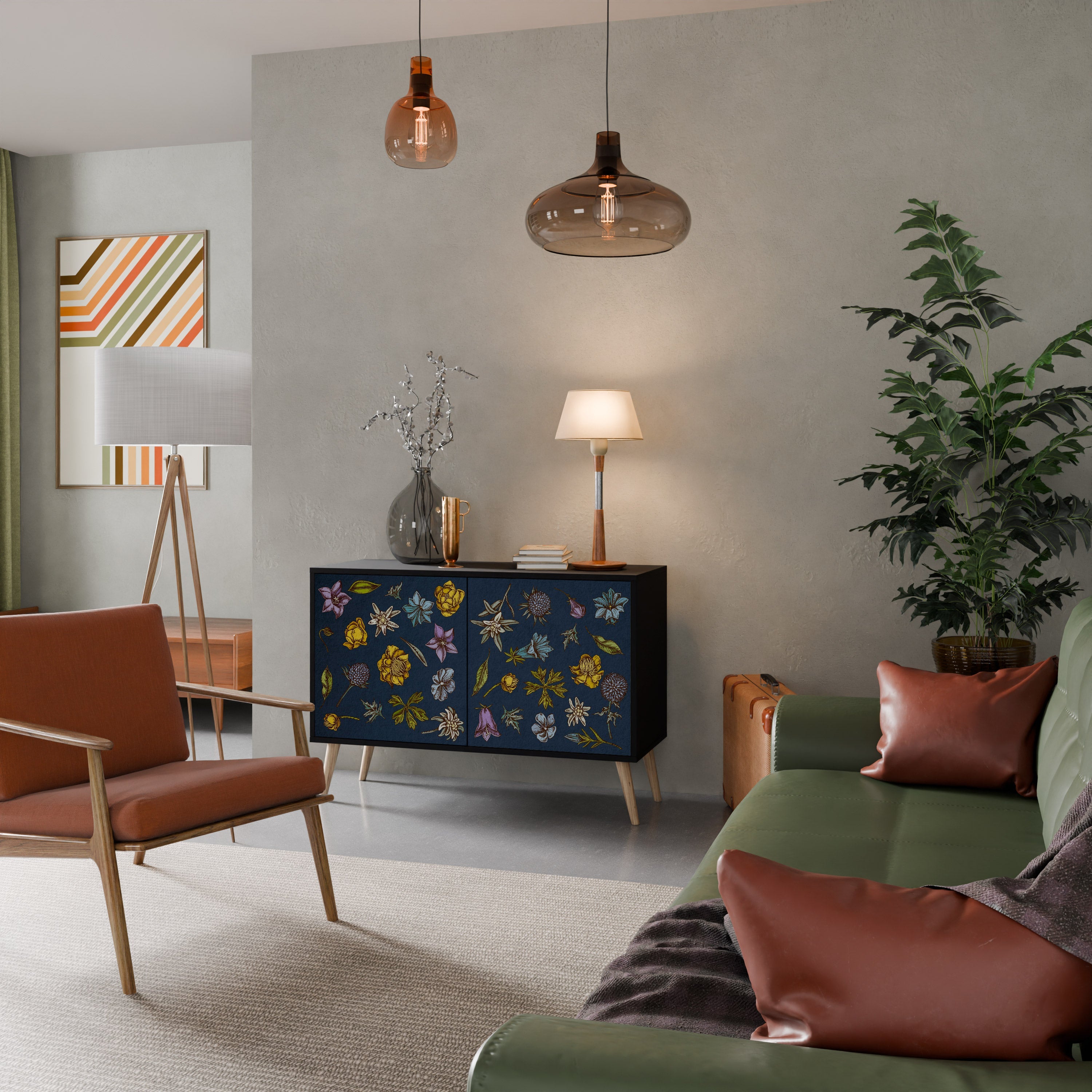 Buffet 2 portes FLEURS SUR BLEU MARINE finition noire