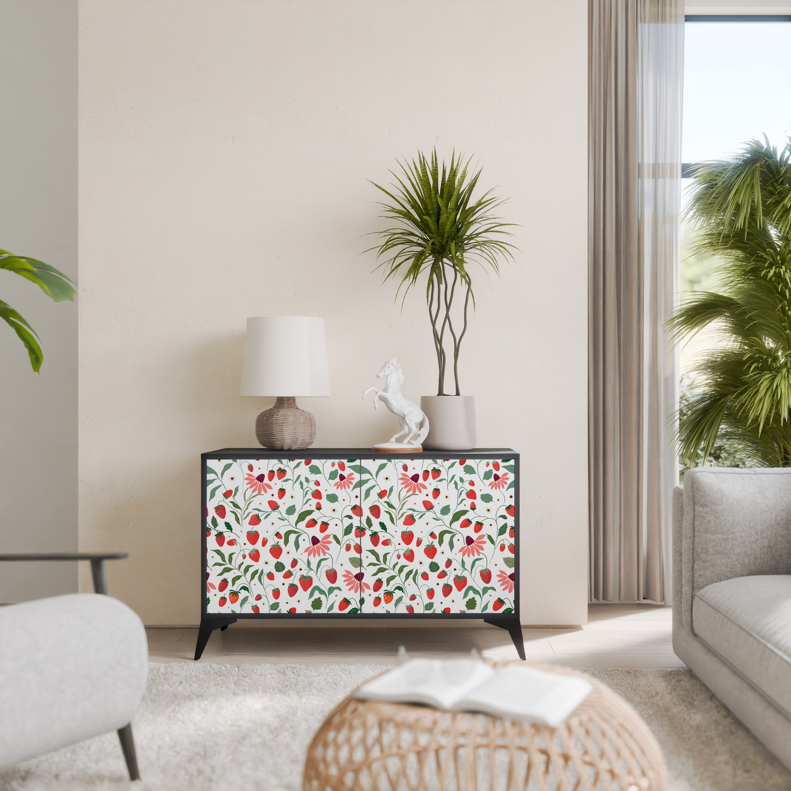 Buffet 2 portes FLOWERS AND STRAWBERRIES, finition noire