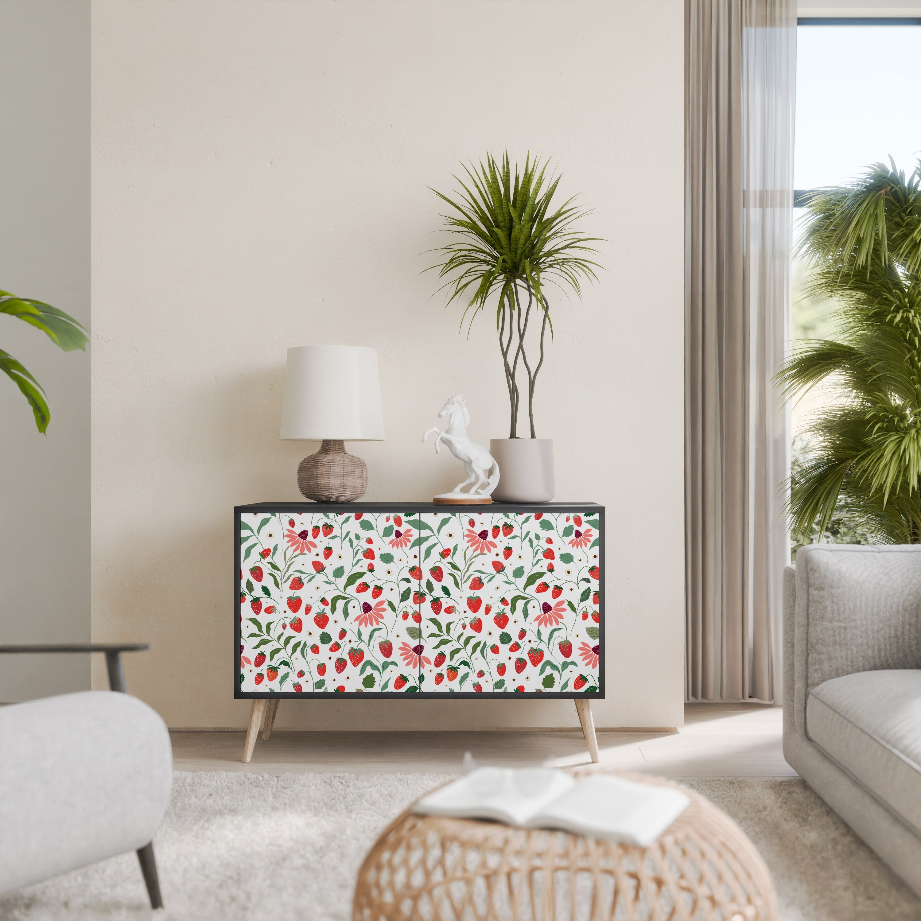 Buffet 2 portes FLOWERS AND STRAWBERRIES, finition noire