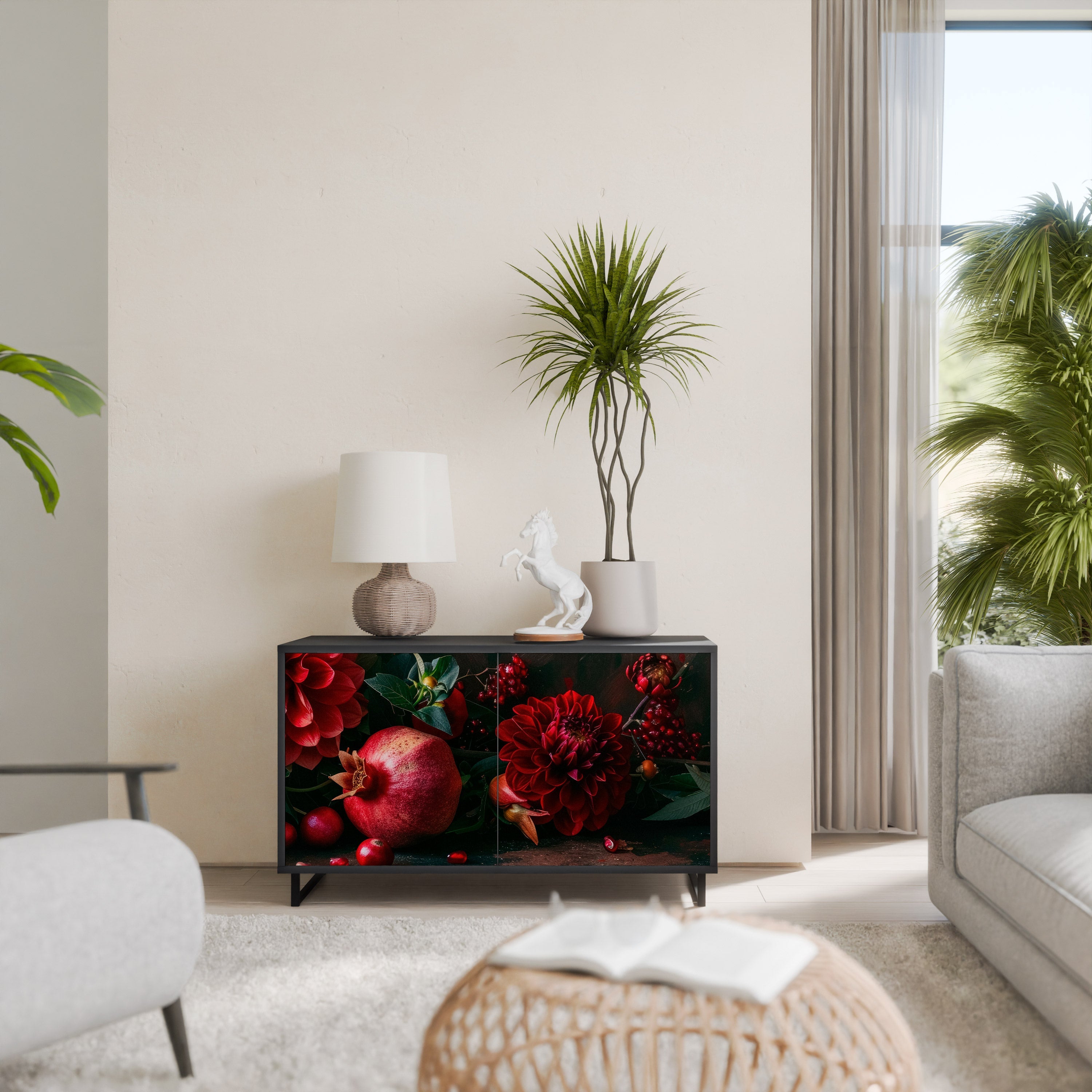 Buffet 2 portes DAHLIAS ET GRENADES en finition noire