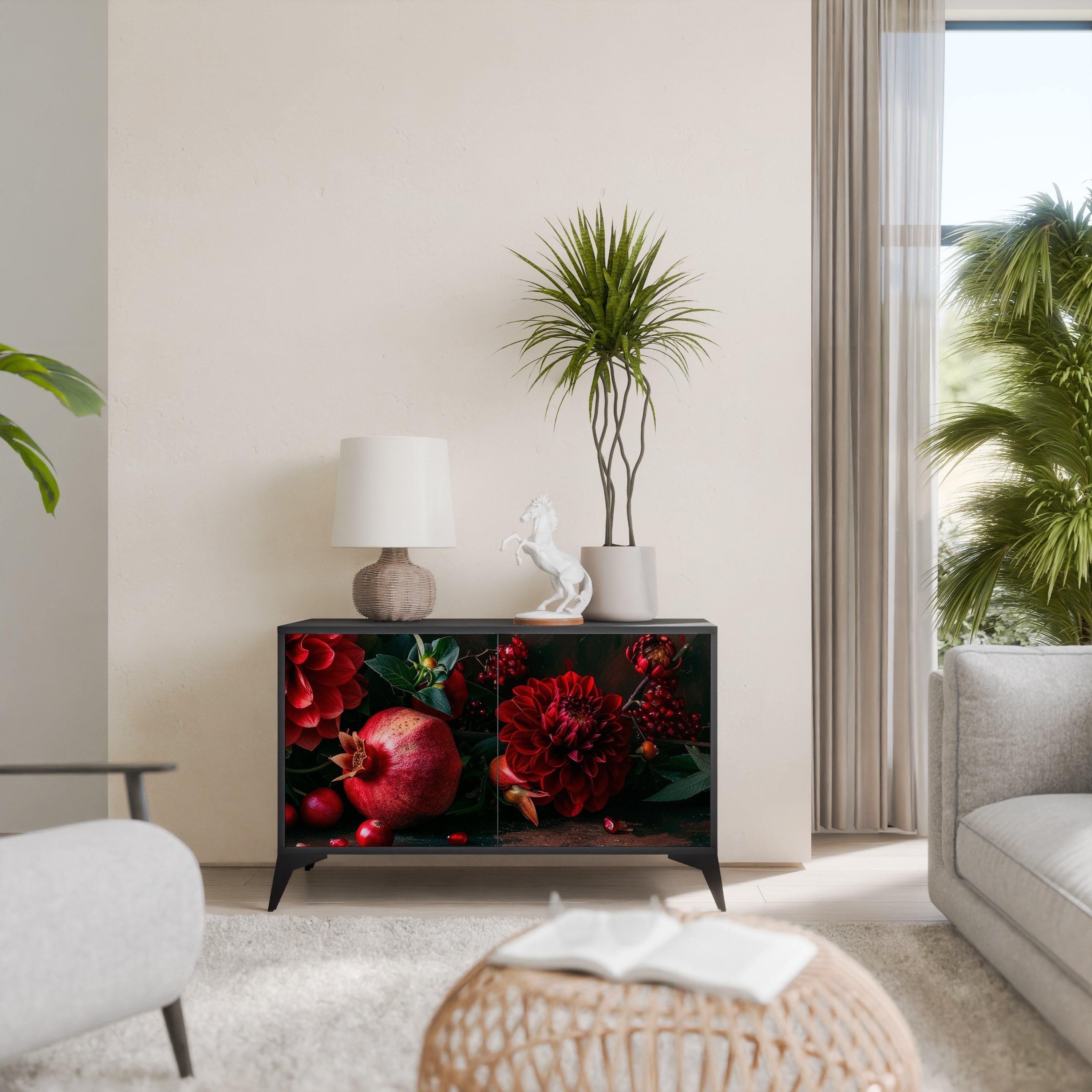 Buffet 2 portes DAHLIAS ET GRENADES en finition noire