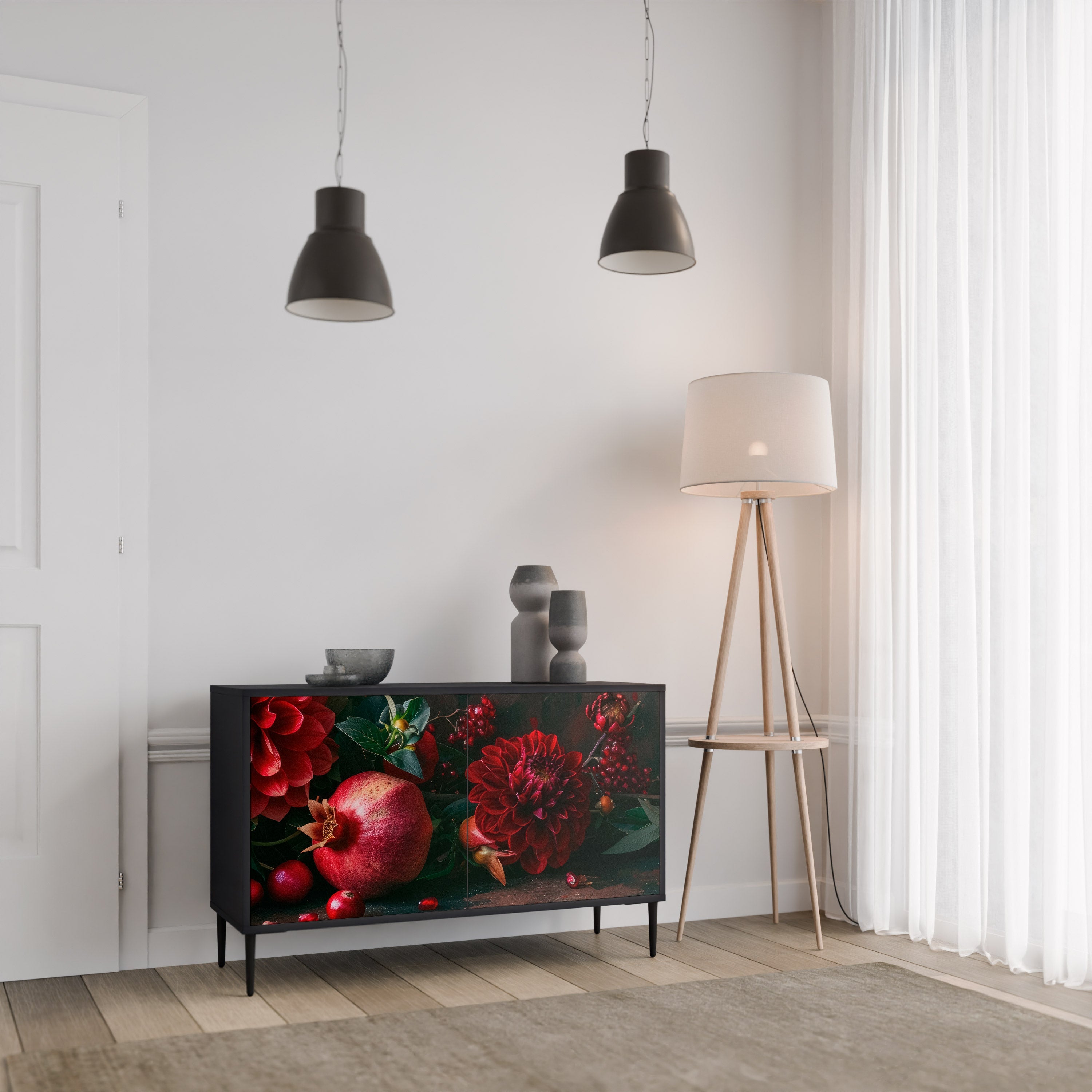 Buffet 2 portes DAHLIAS ET GRENADES en finition noire