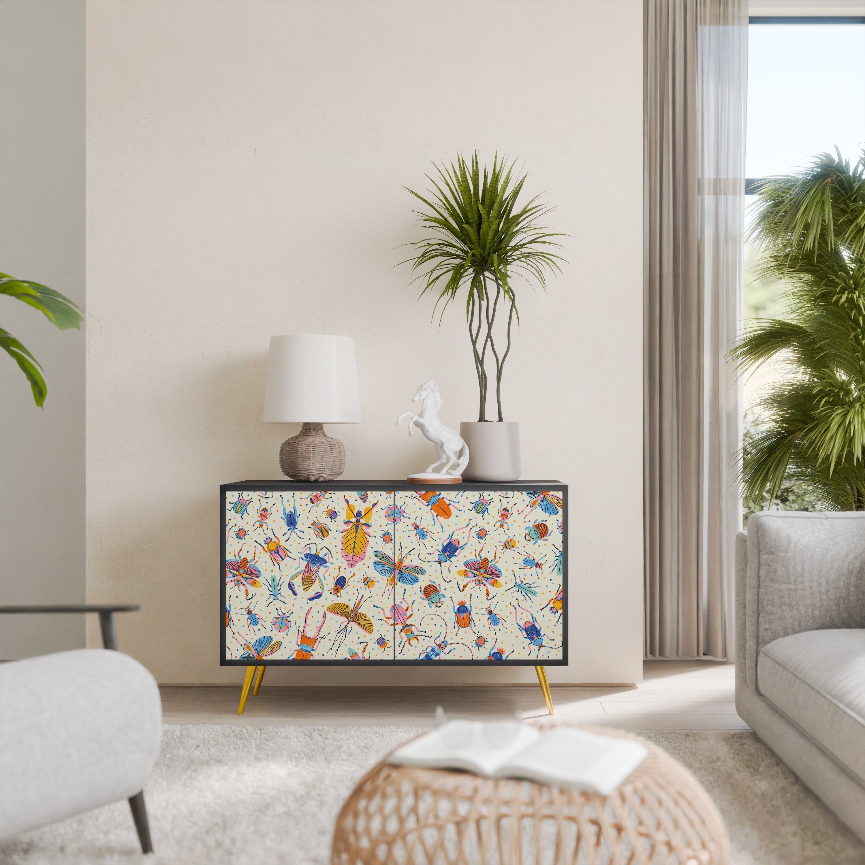 Buffet 2 portes INSECTES COLORÉS en finition noire