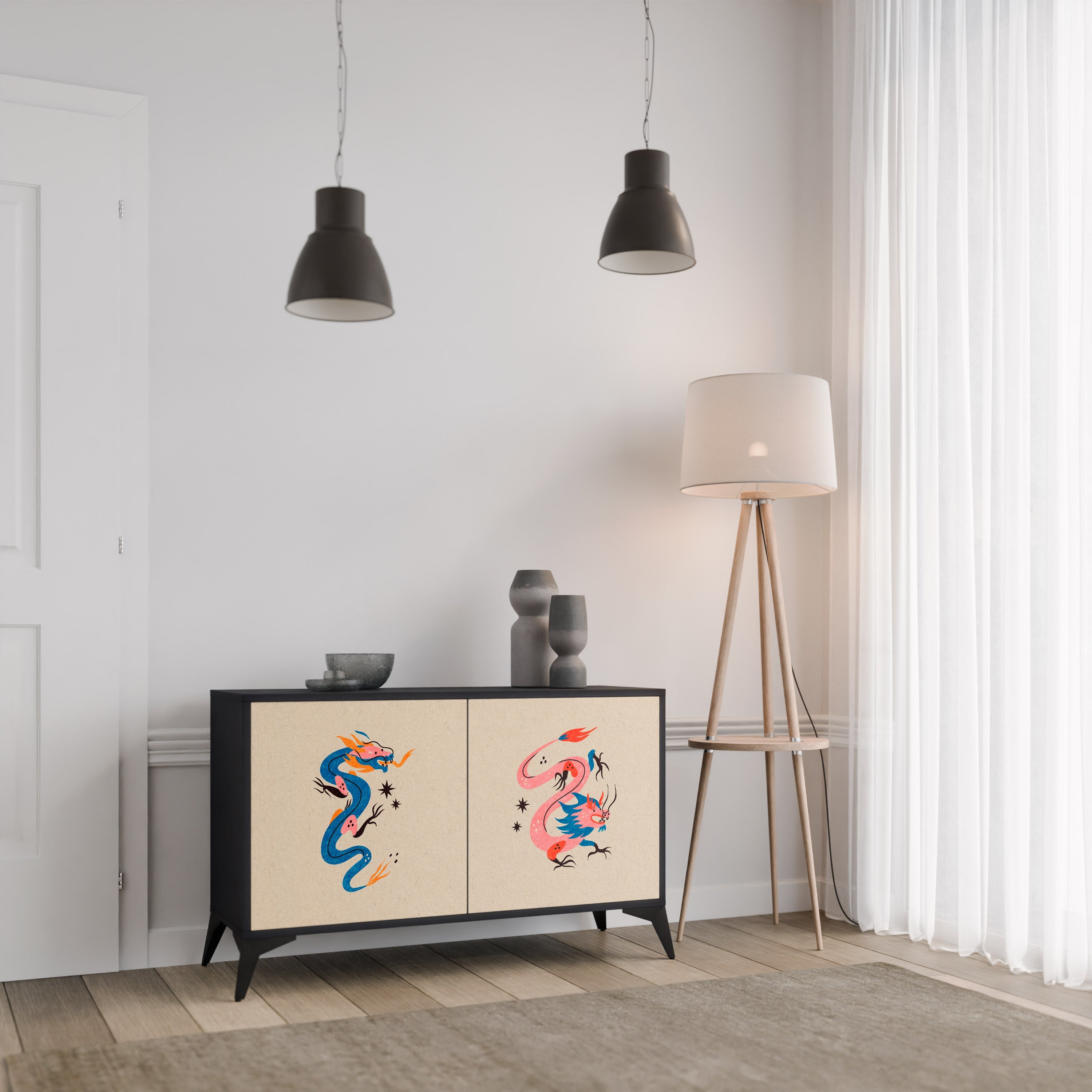 Buffet 2 portes CRÉATURES MYTHOLOGIQUES en finition noire