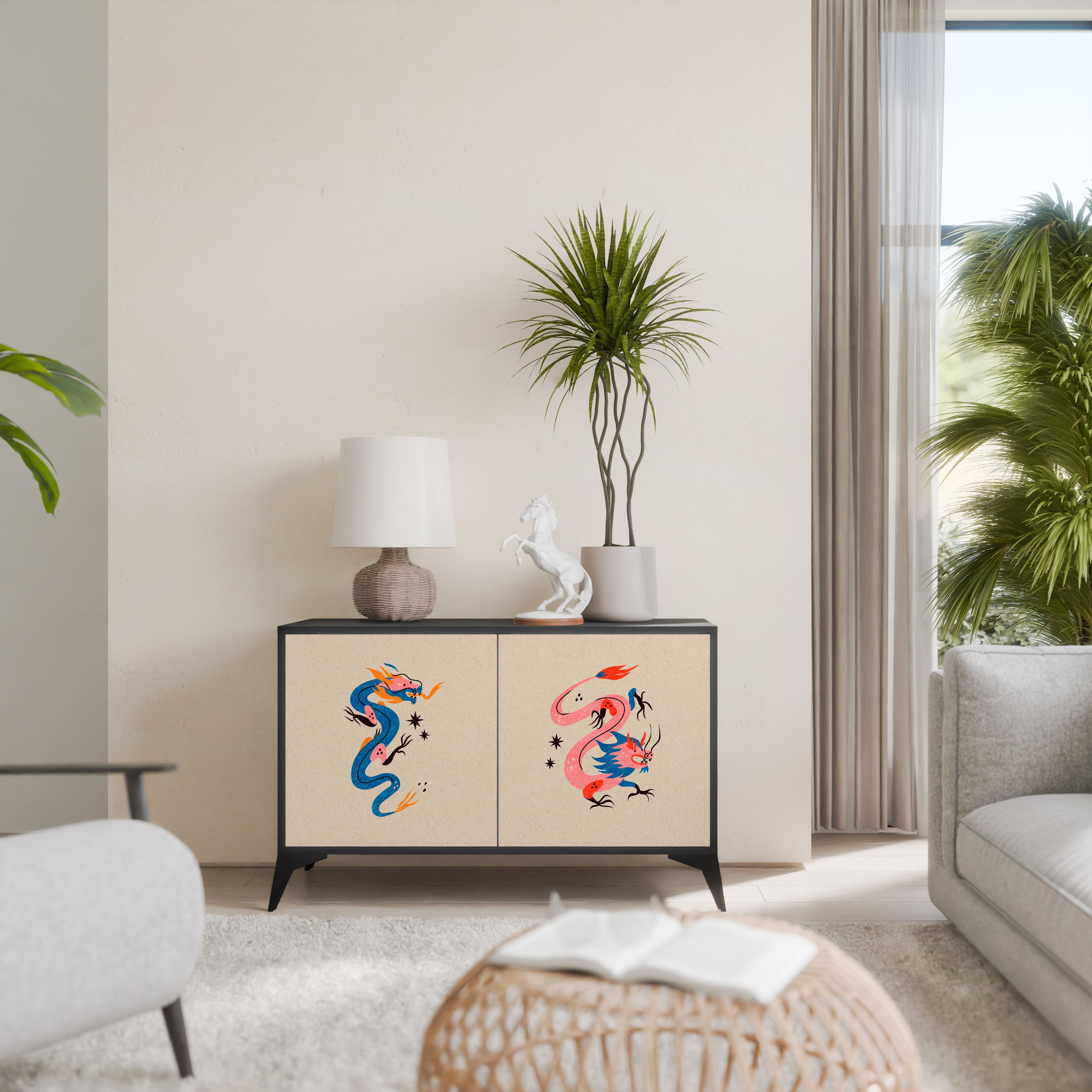 Buffet 2 portes CRÉATURES MYTHOLOGIQUES en finition noire