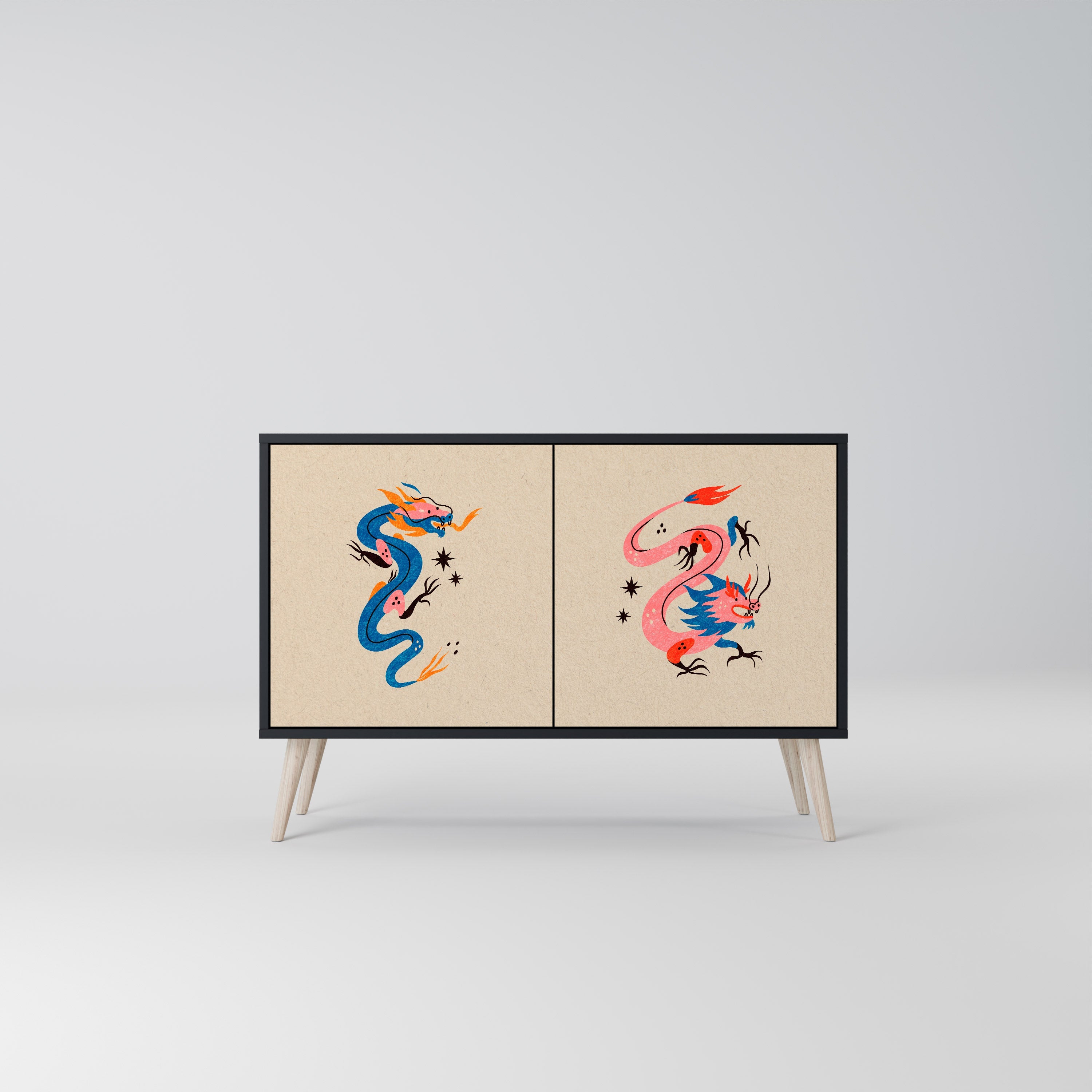 Buffet 2 portes CRÉATURES MYTHOLOGIQUES en finition noire