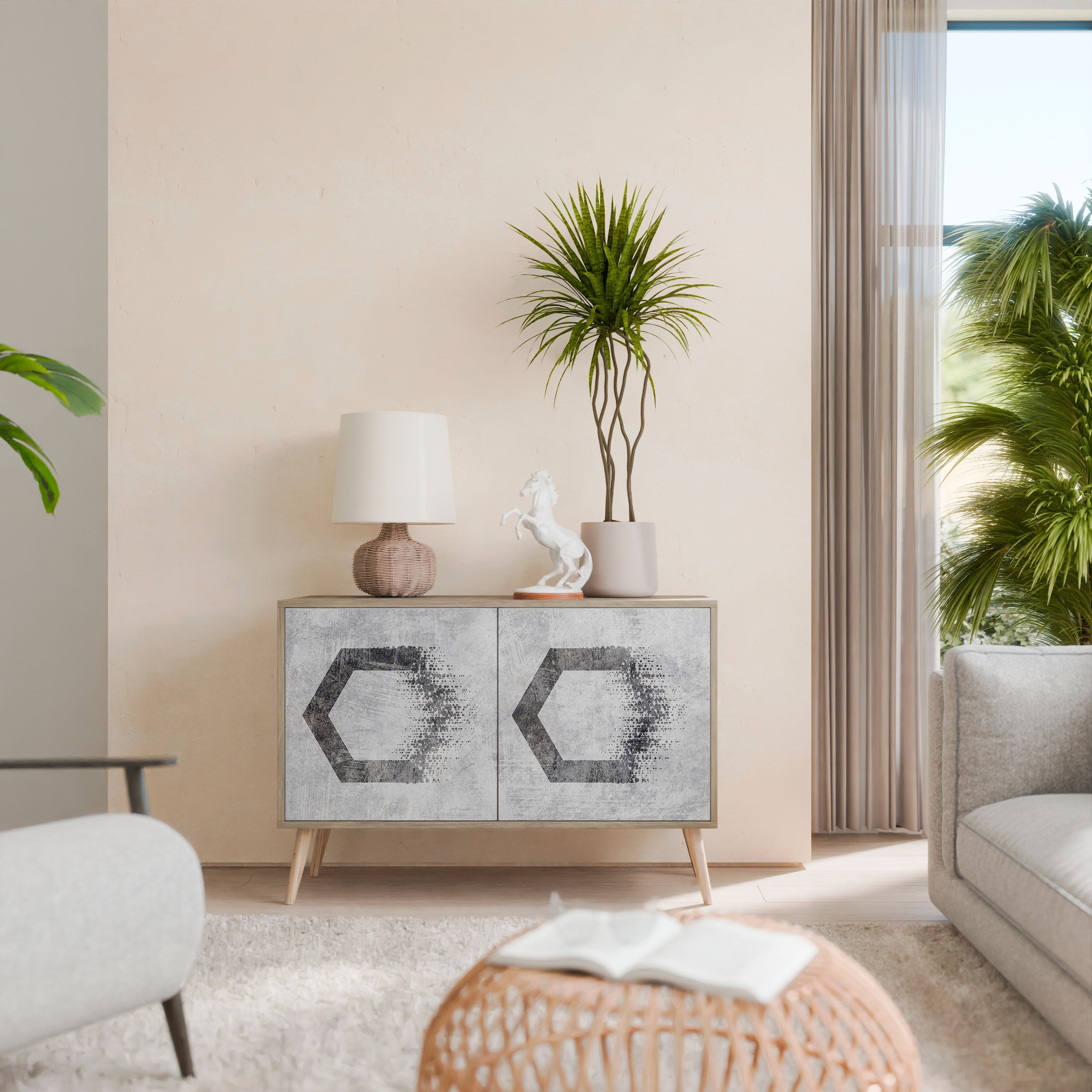 Buffet 2 portes à motifs hexagonaux effet chêne