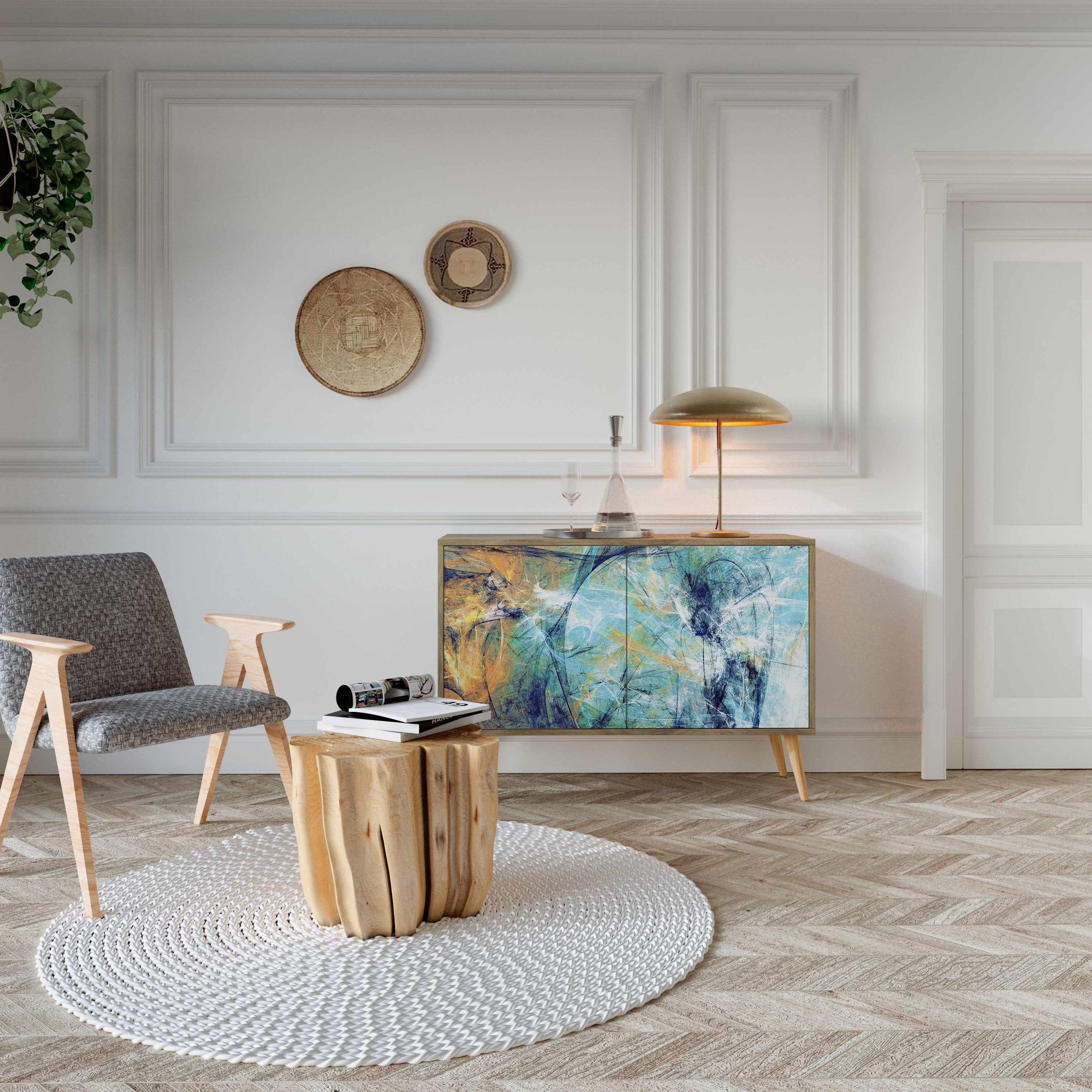 RÉFLEXIONS ABSTRAITES Buffet 2 portes effet chêne