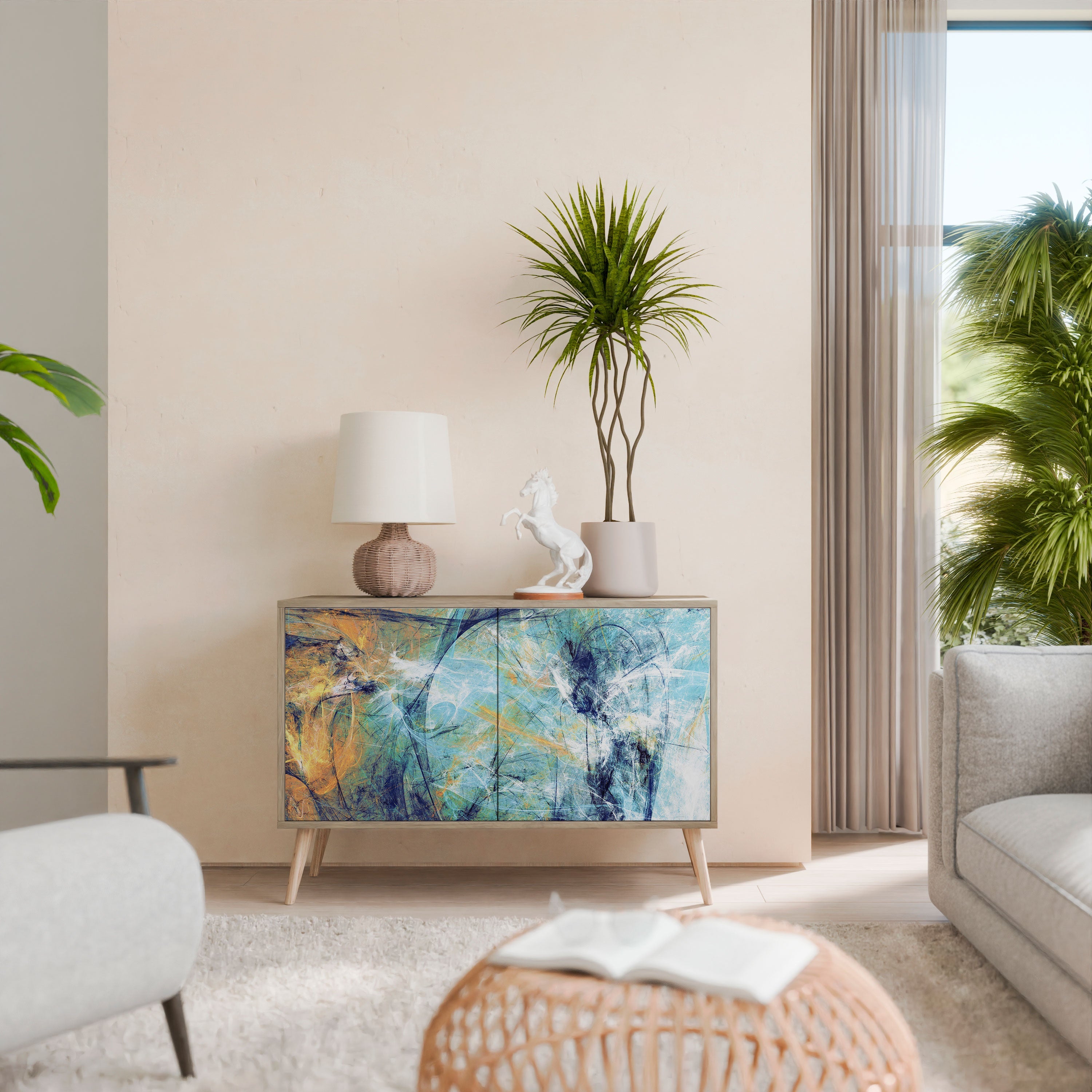 RÉFLEXIONS ABSTRAITES Buffet 2 portes effet chêne