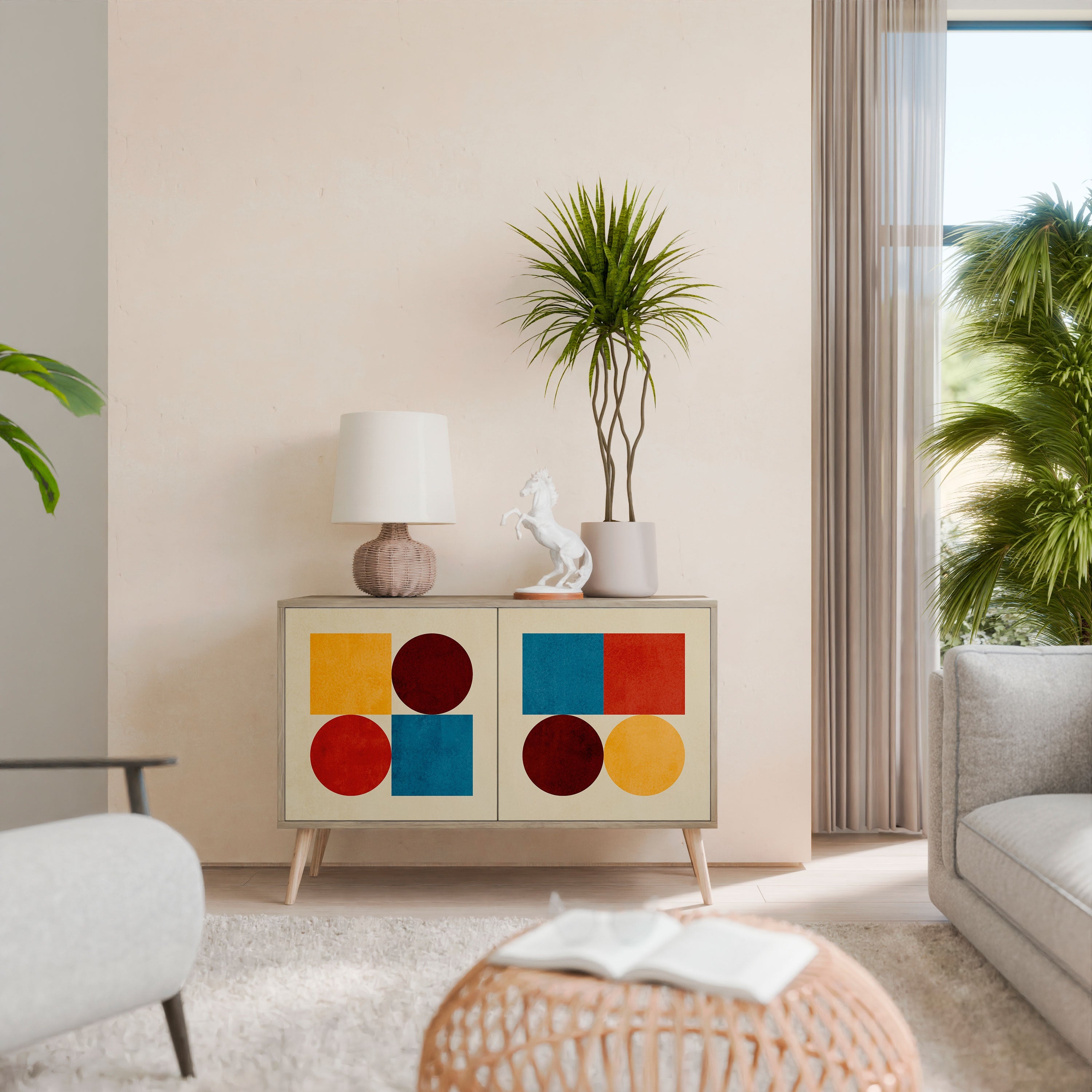 Buffet 2 portes PUZZLE GÉOMÉTRIQUE effet chêne