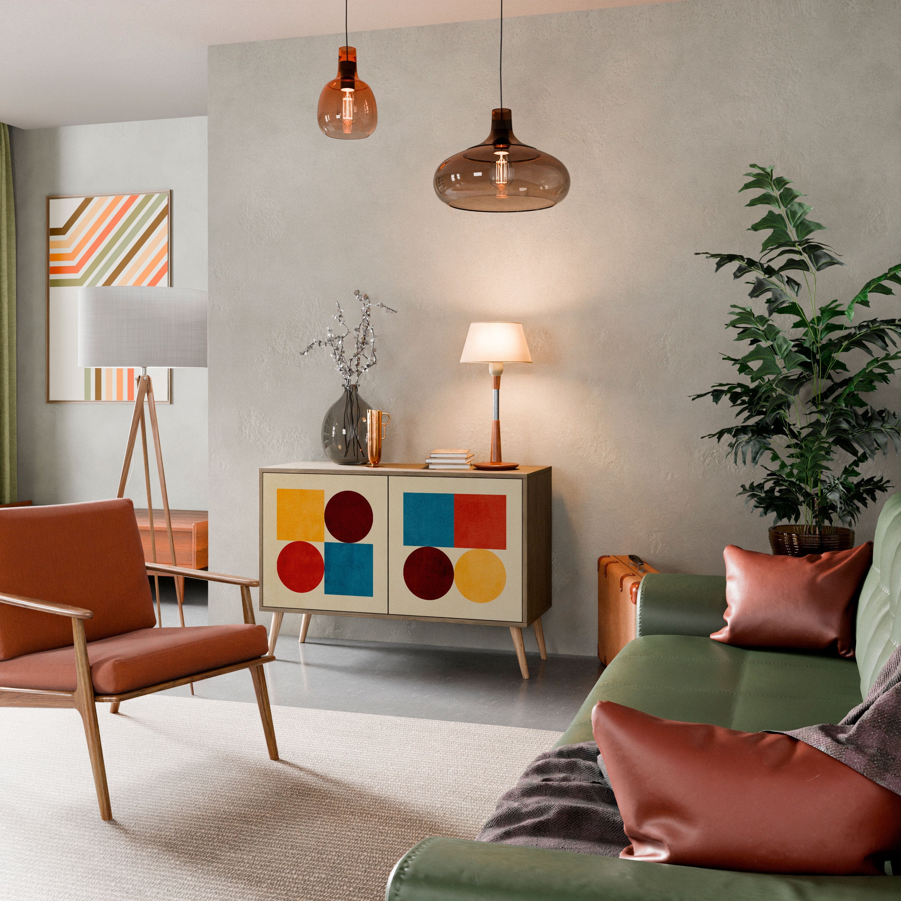 Buffet 2 portes PUZZLE GÉOMÉTRIQUE effet chêne