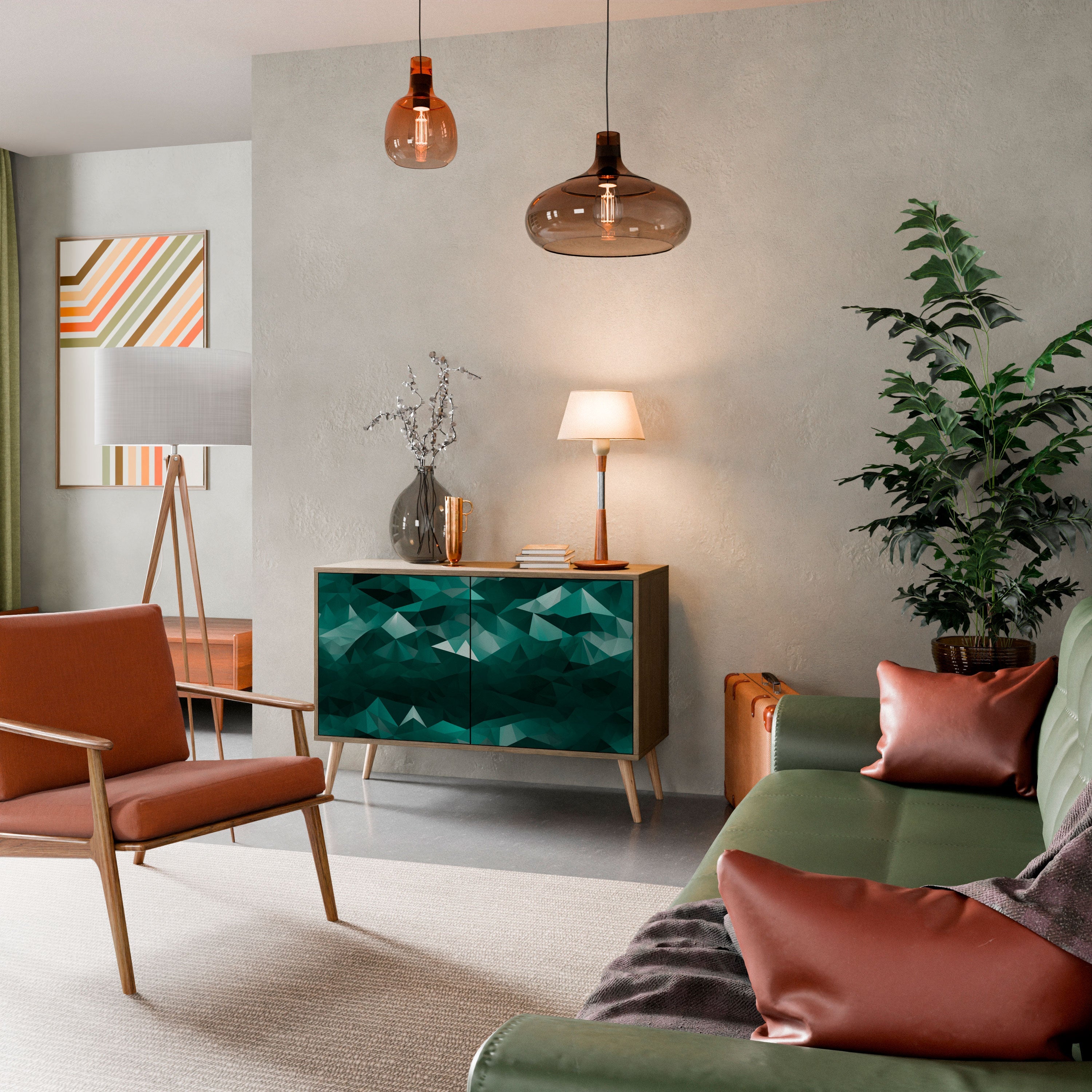 Buffet flottant polygonal à 2 portes effet chêne