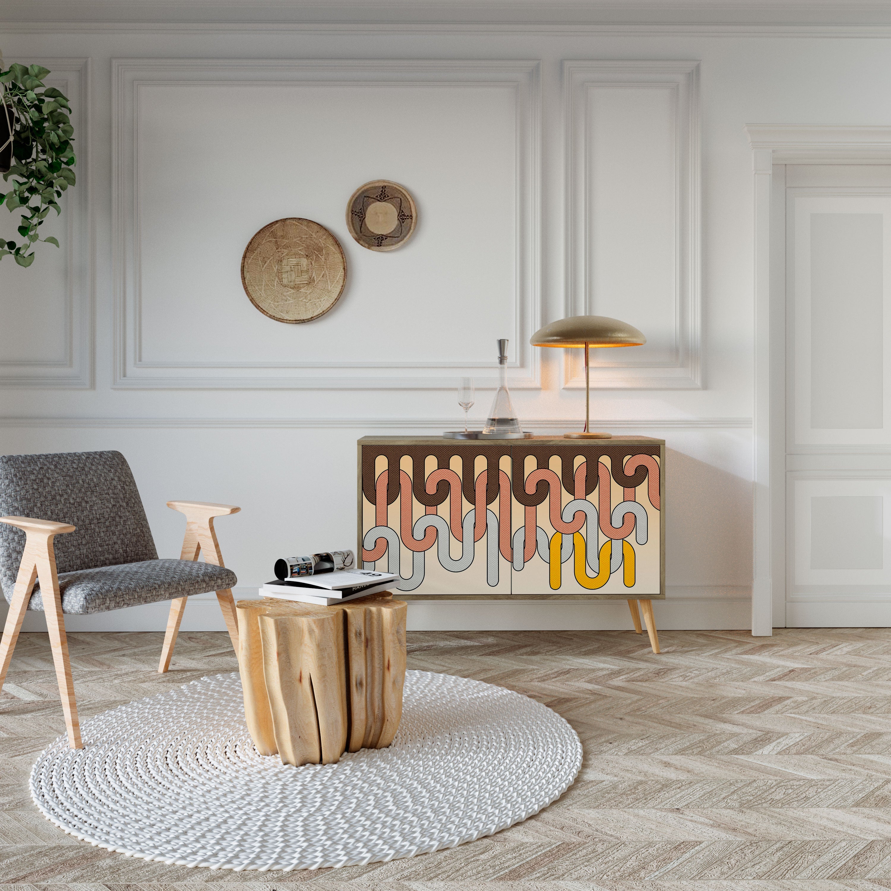 Buffet 2 portes effet chêne à cordes colorées