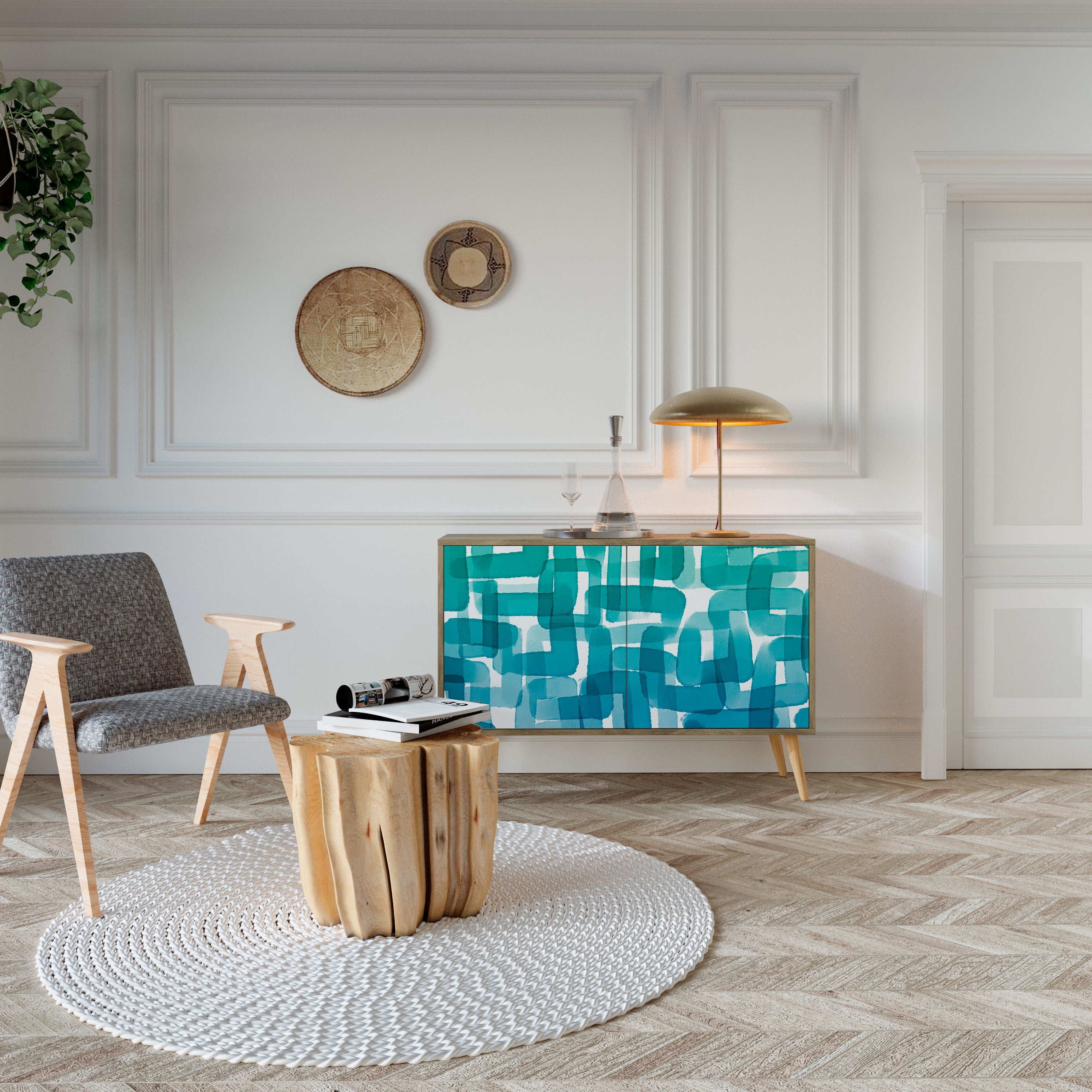 Buffet 2 portes TURQUOISE RECTANGLES effet chêne