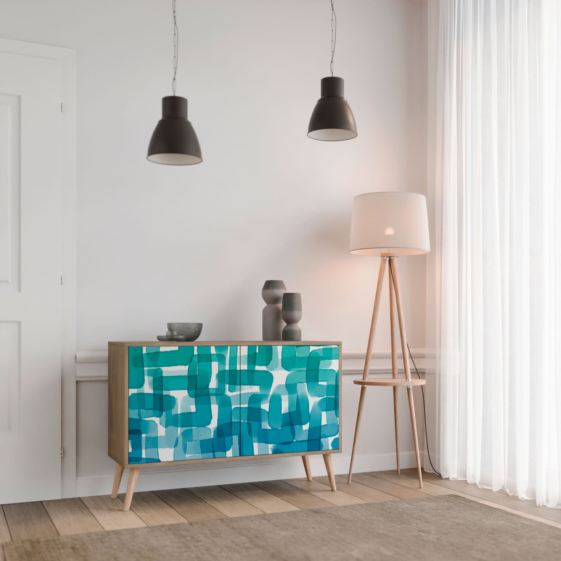 TURQUOISE RECTANGLES 2-Door Sideboard in Oak Effect