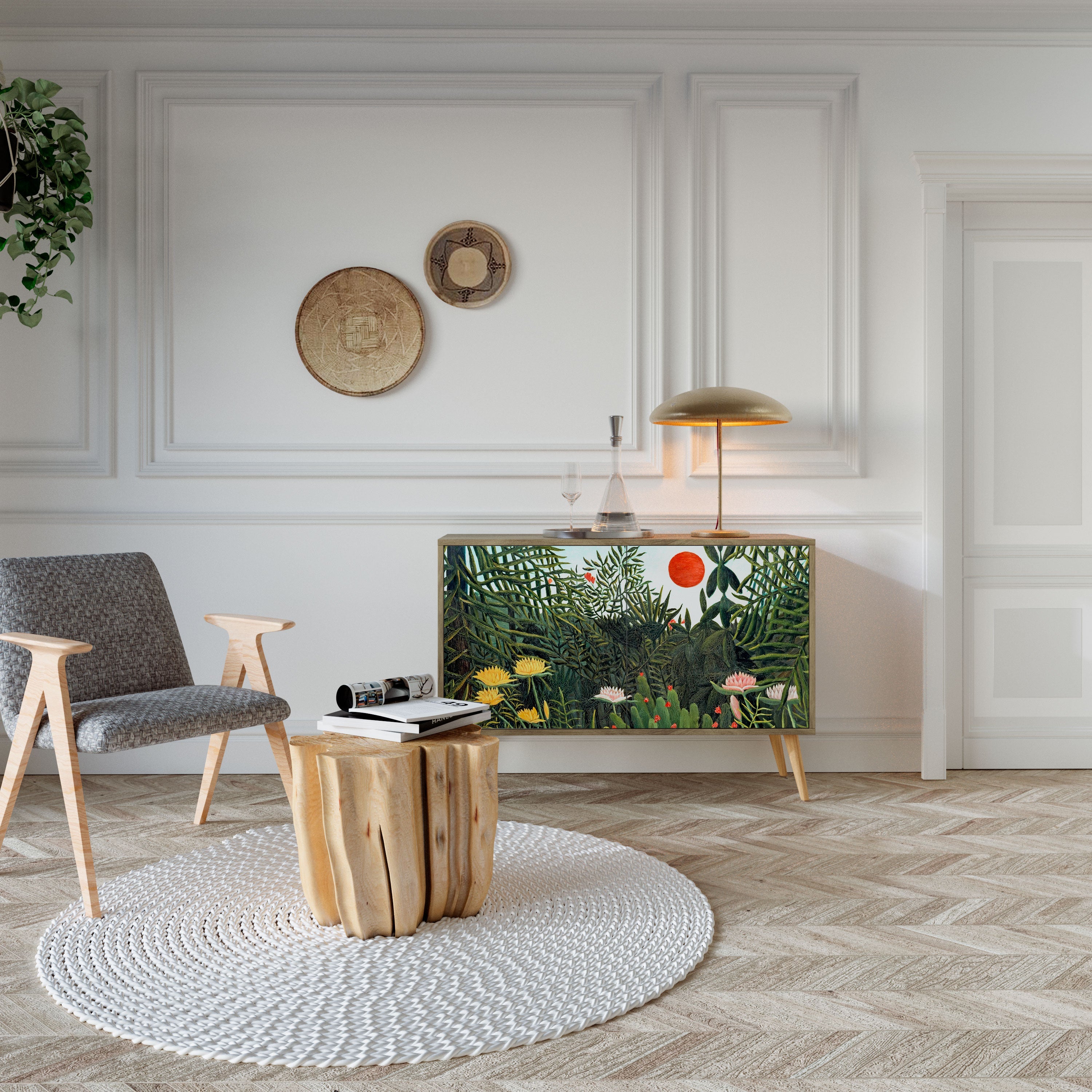 Buffet 2 portes effet chêne FORÊT VIERGE AVEC COUCHER DE SOLEIL