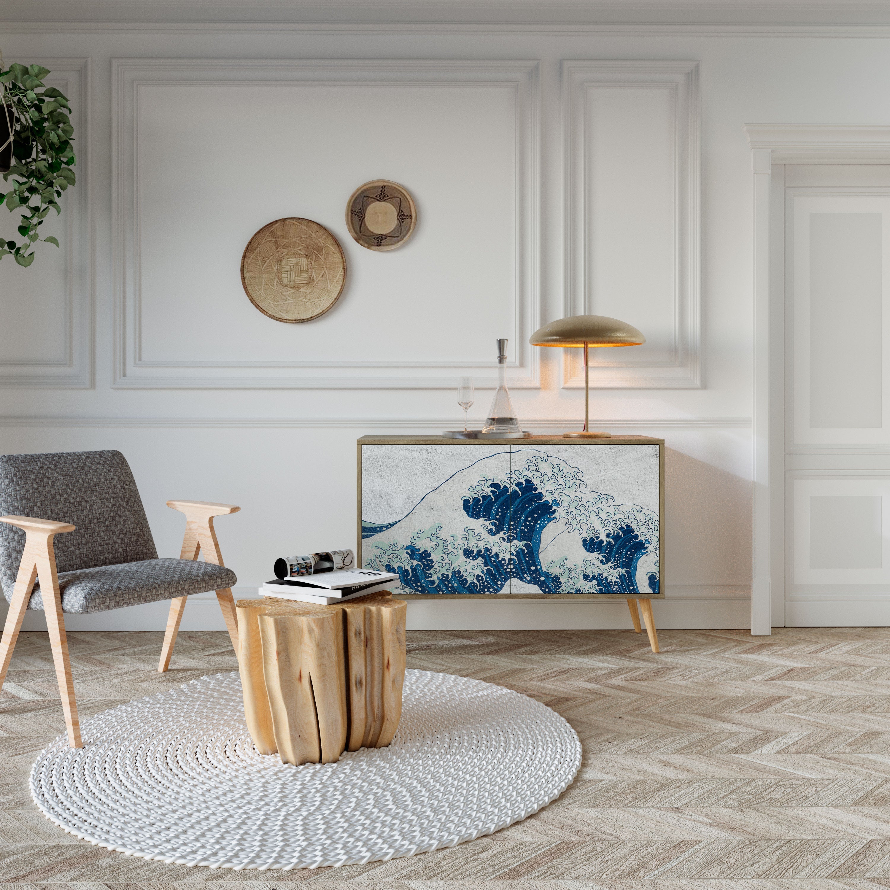 Buffet 2 portes LA GRANDE VAGUE DE KANAGAWA effet chêne