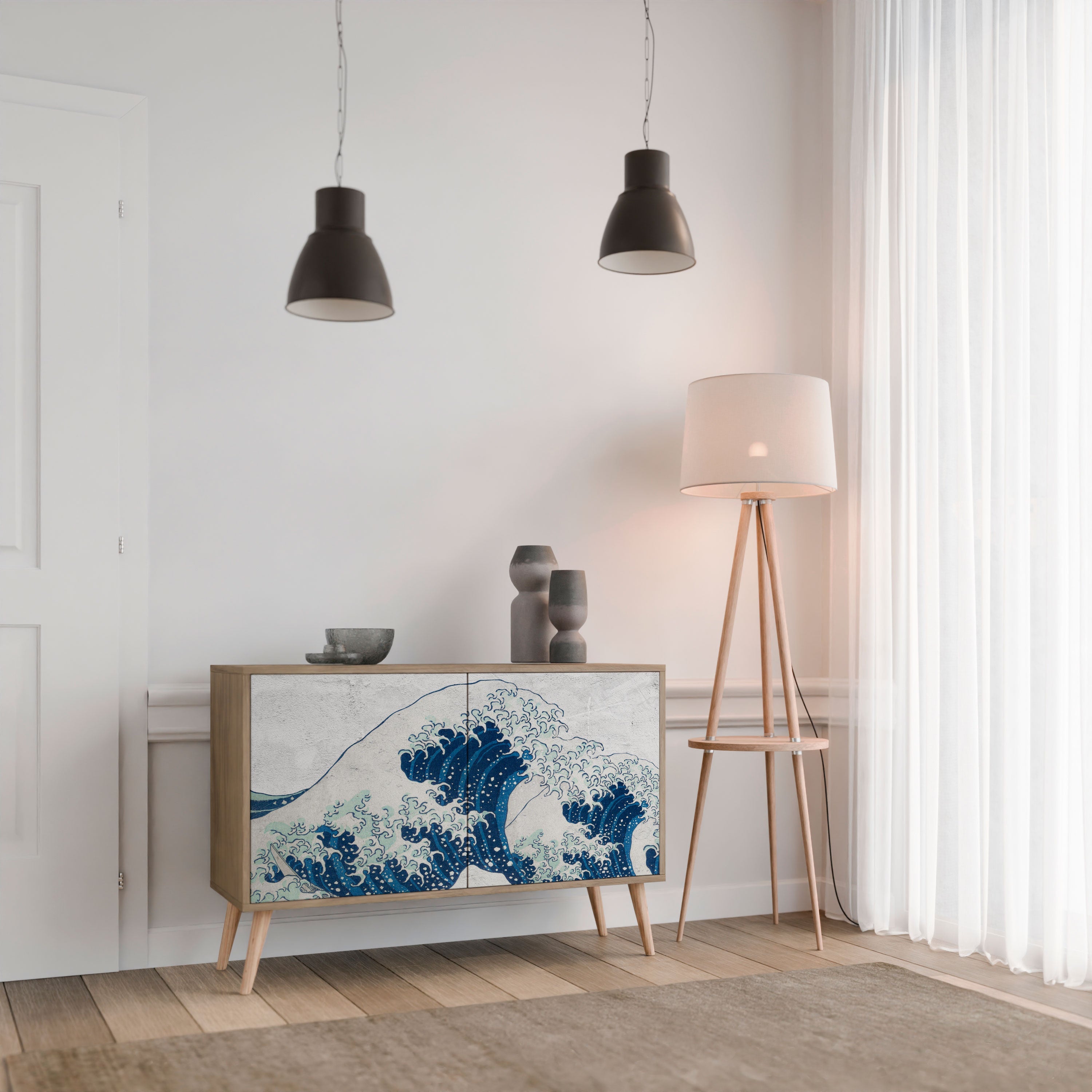 Buffet 2 portes LA GRANDE VAGUE DE KANAGAWA effet chêne