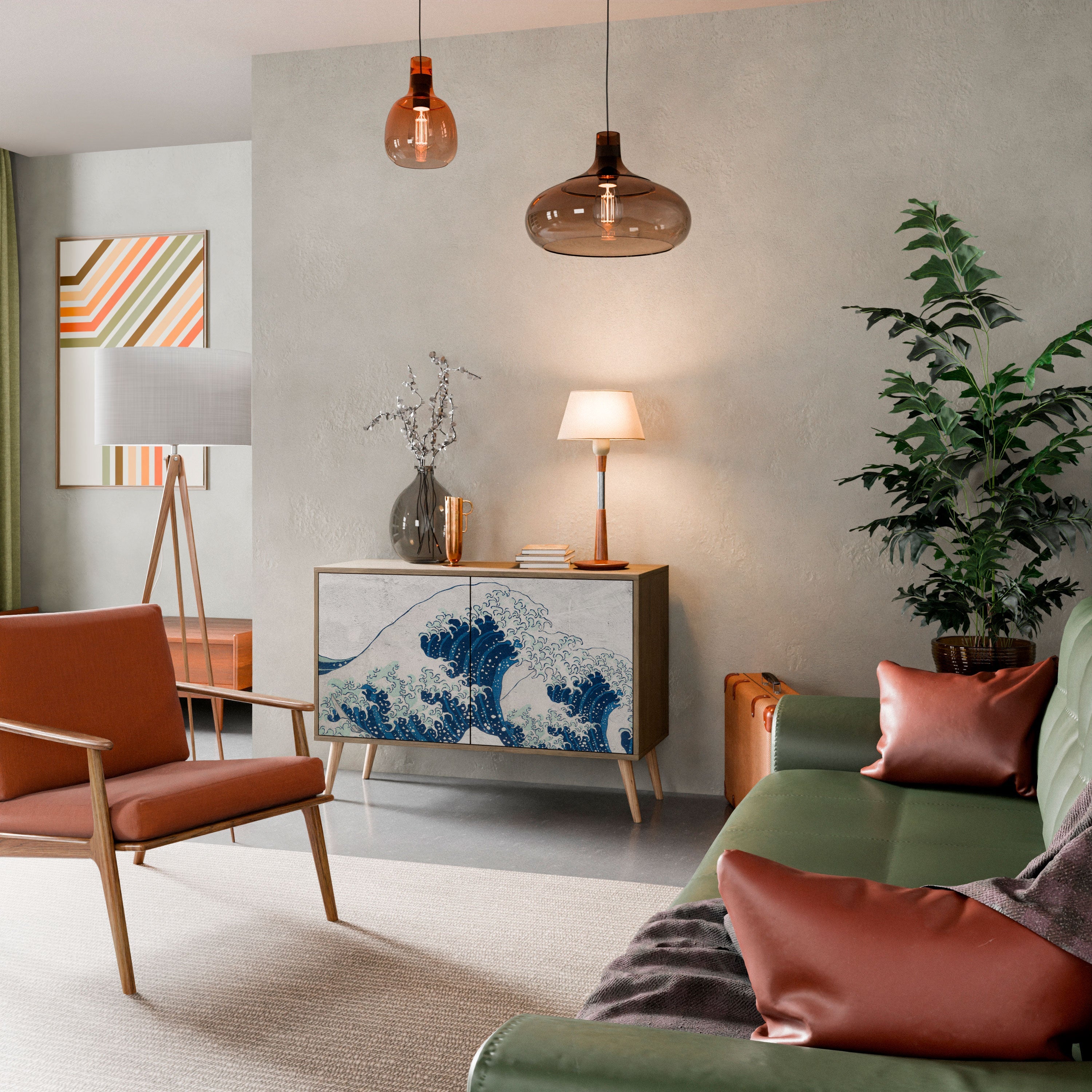 Buffet 2 portes LA GRANDE VAGUE DE KANAGAWA effet chêne