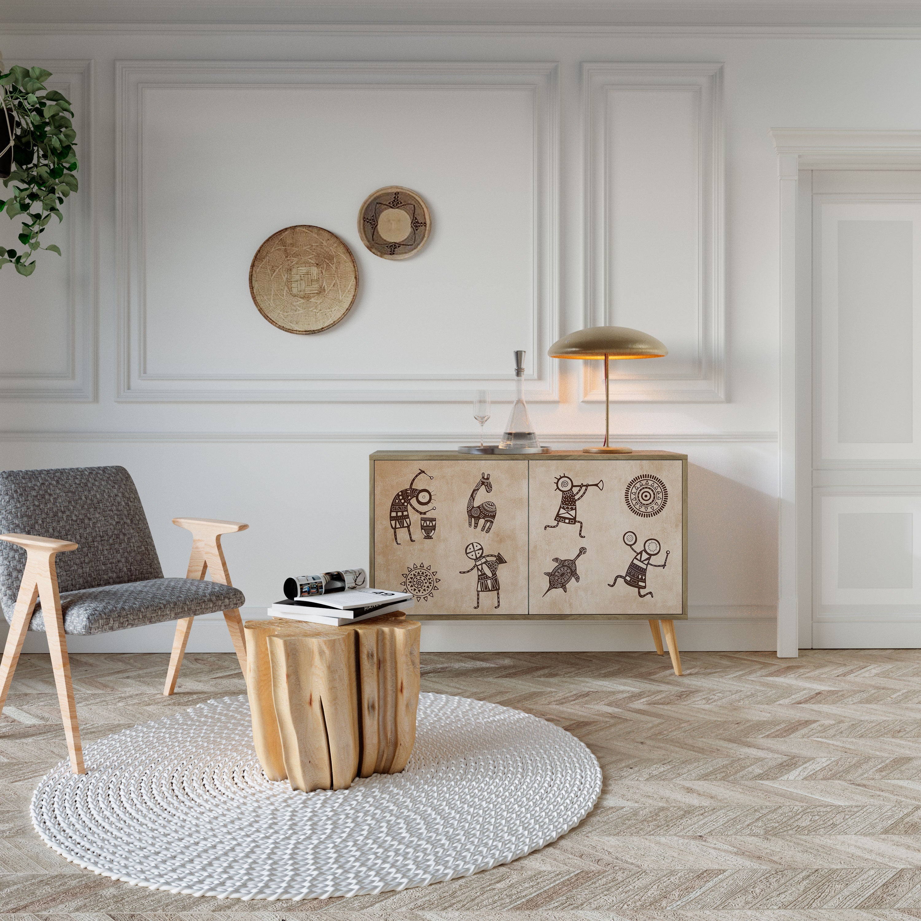 Buffet 2 portes de style africain effet chêne